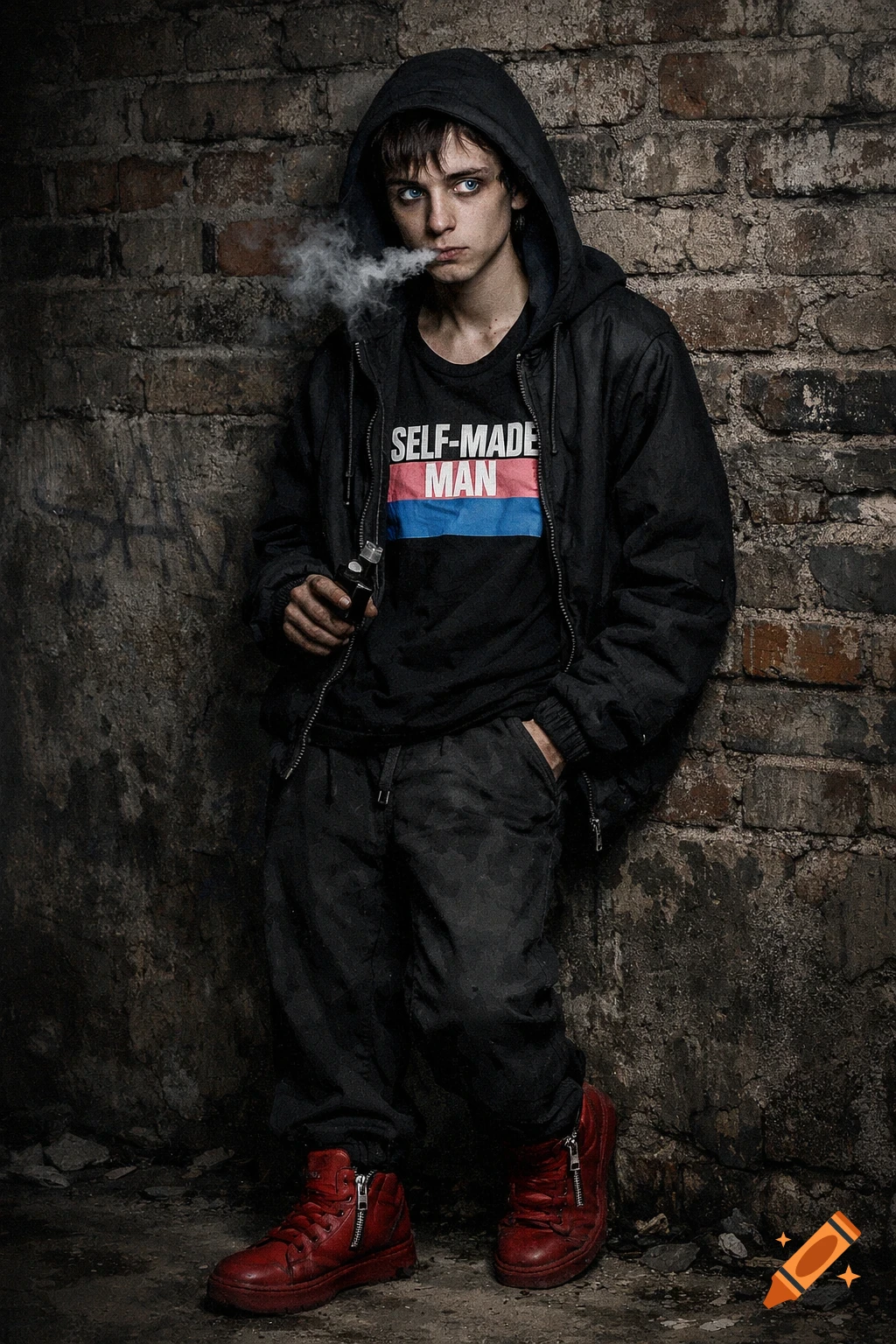 A tired young person in a black hoodie and 'Self-Made Man' t-shirt vapes, leaning against a grungy brick wall, wearing red shoes.