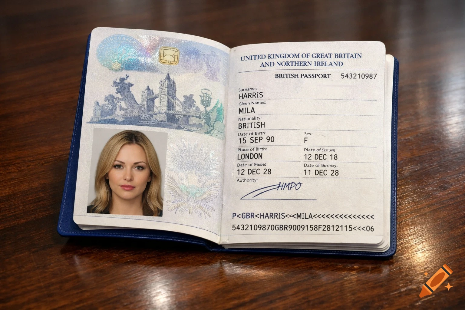 An open UK passport showing personal details for Mila Harris and a photo of a woman, resting on a wooden table.