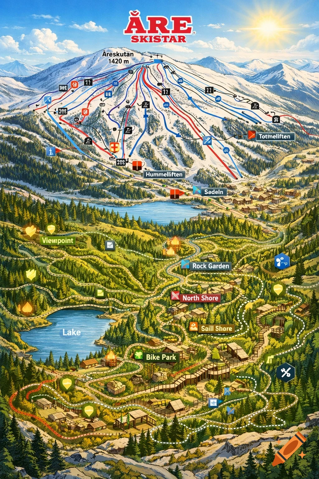 A detailed illustrative map of the Åre SkiStar ski resort and surrounding area, showing ski slopes, MTB trails, lakes, and buildings.