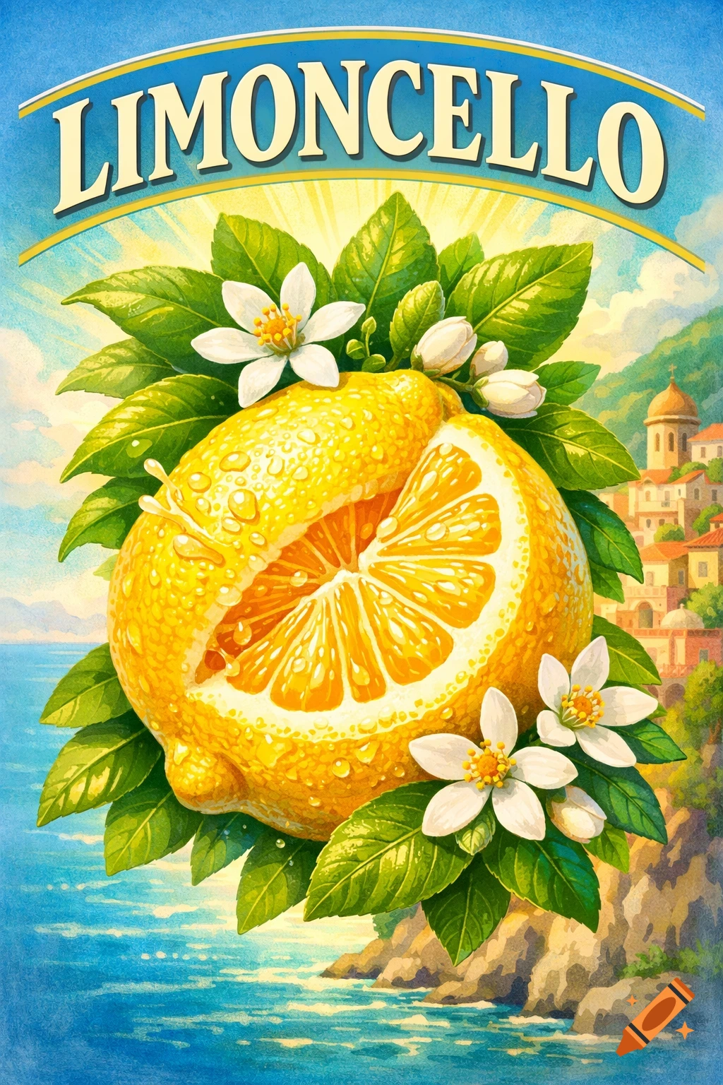Vibrant illustration for a limoncello label with a sliced lemon, leaves, white flowers, and a coastal town by the sea.