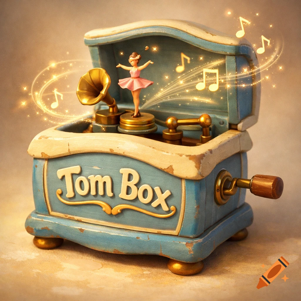 A charming antique-style blue and cream music box with a golden phonograph and a spinning ballerina, surrounded by golden musical notes and sparkles.
