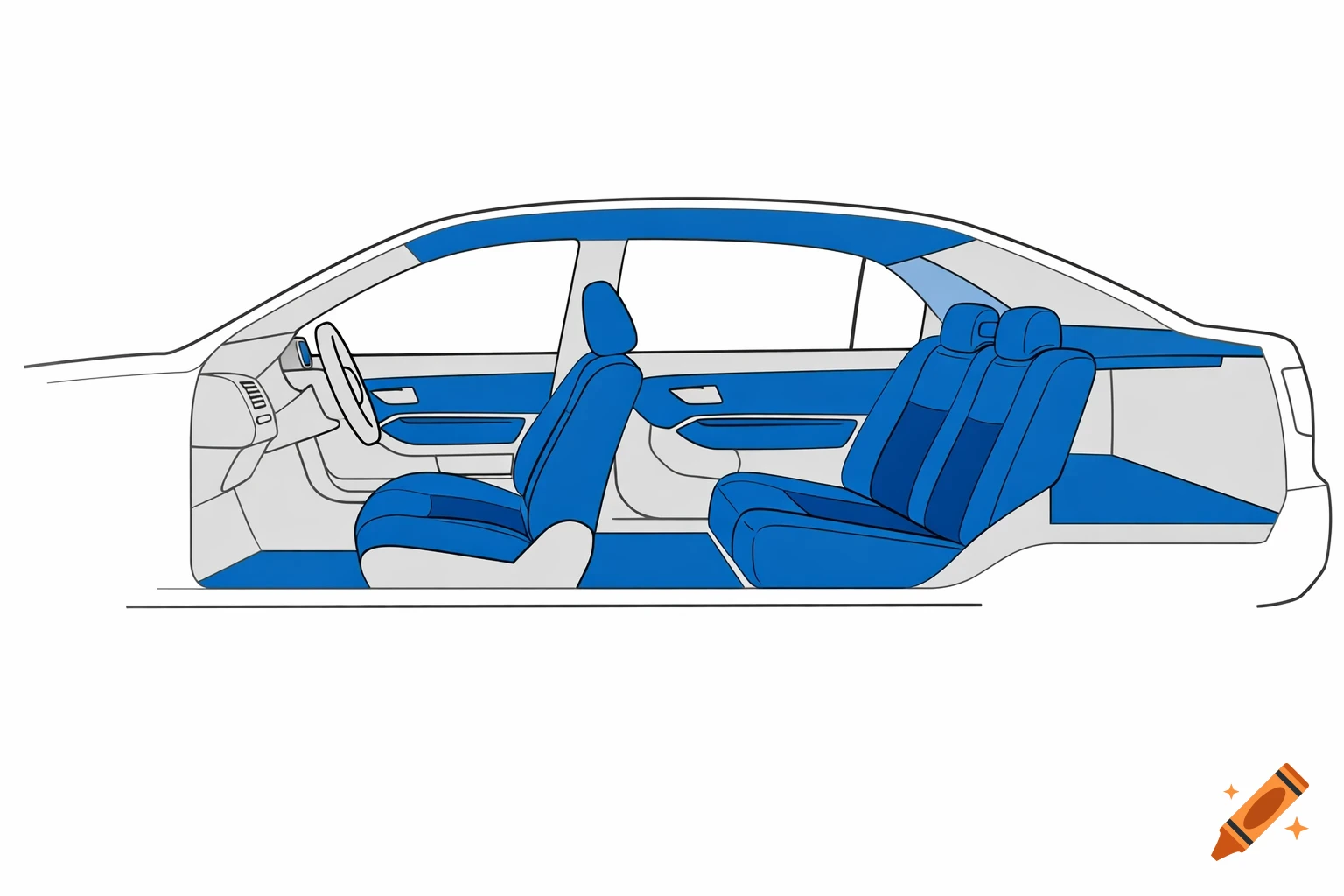 Minimalist schematic side view of a car interior cutaway with blue accents on seats and interior panels.