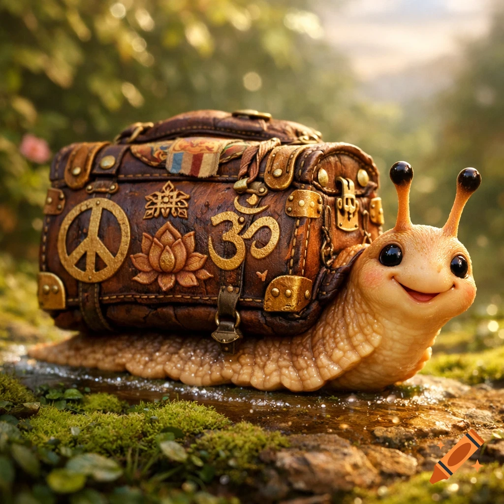 A cute, smiling snail with a detailed, leather-like travel trunk shell adorned with a peace sign, Om symbol, and lotus flower, in a lush forest.