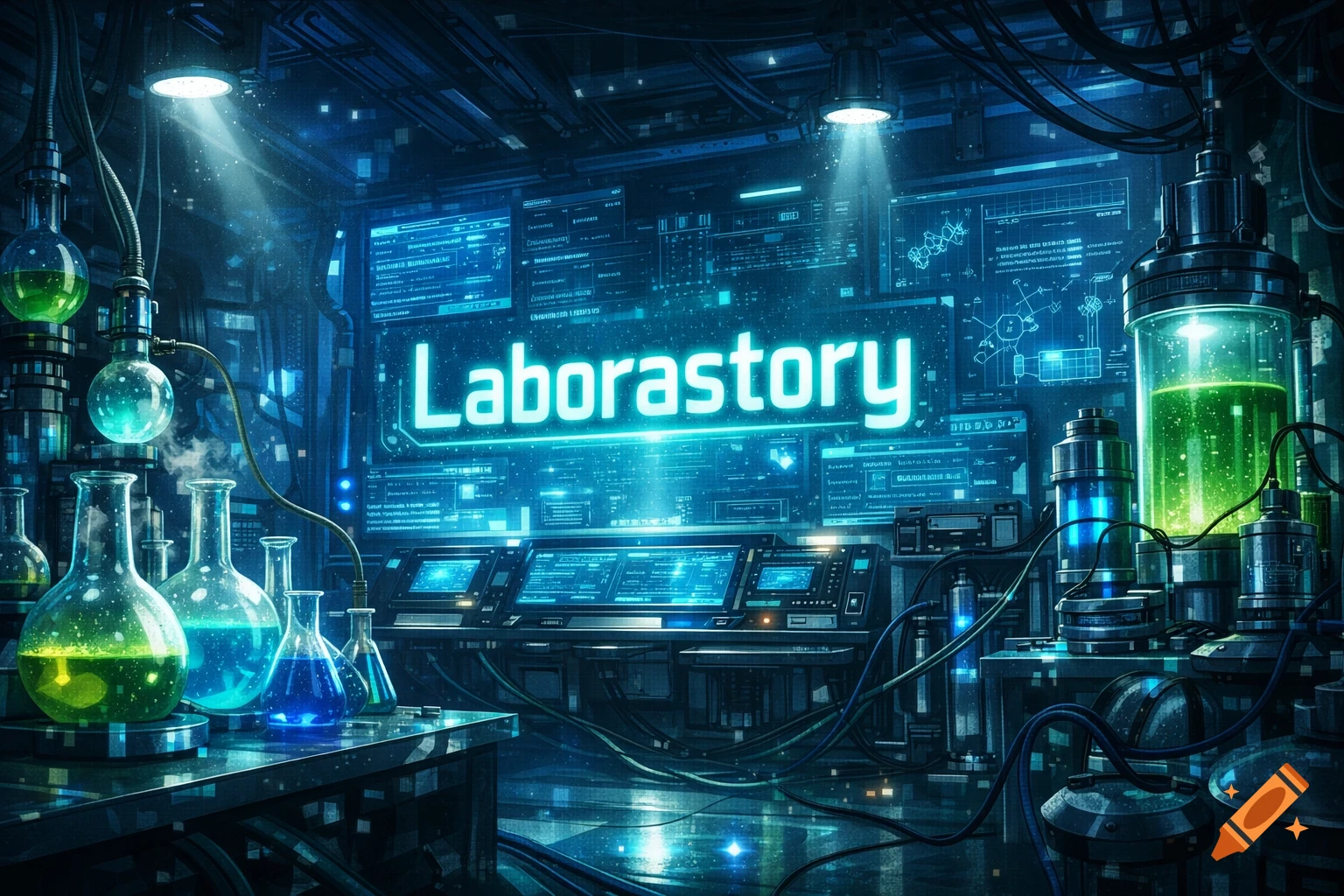 A futuristic, neon-lit laboratory with glowing beakers, test tubes, and monitors displaying data. The word 'Laborastory' is prominent on a central screen.