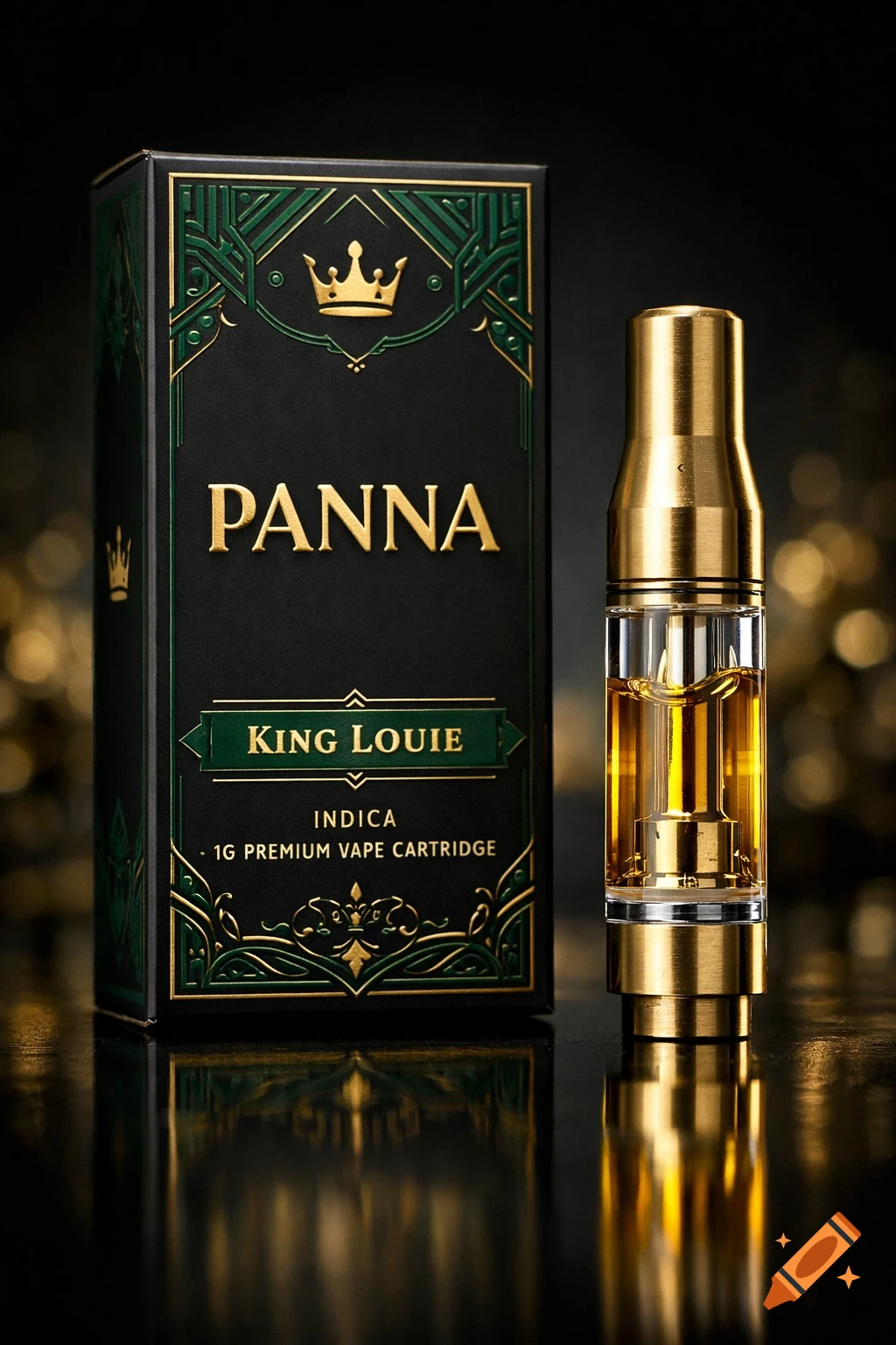 A black and green premium vape cartridge box with gold text and a gold vape cartridge with clear liquid, studio product photo.