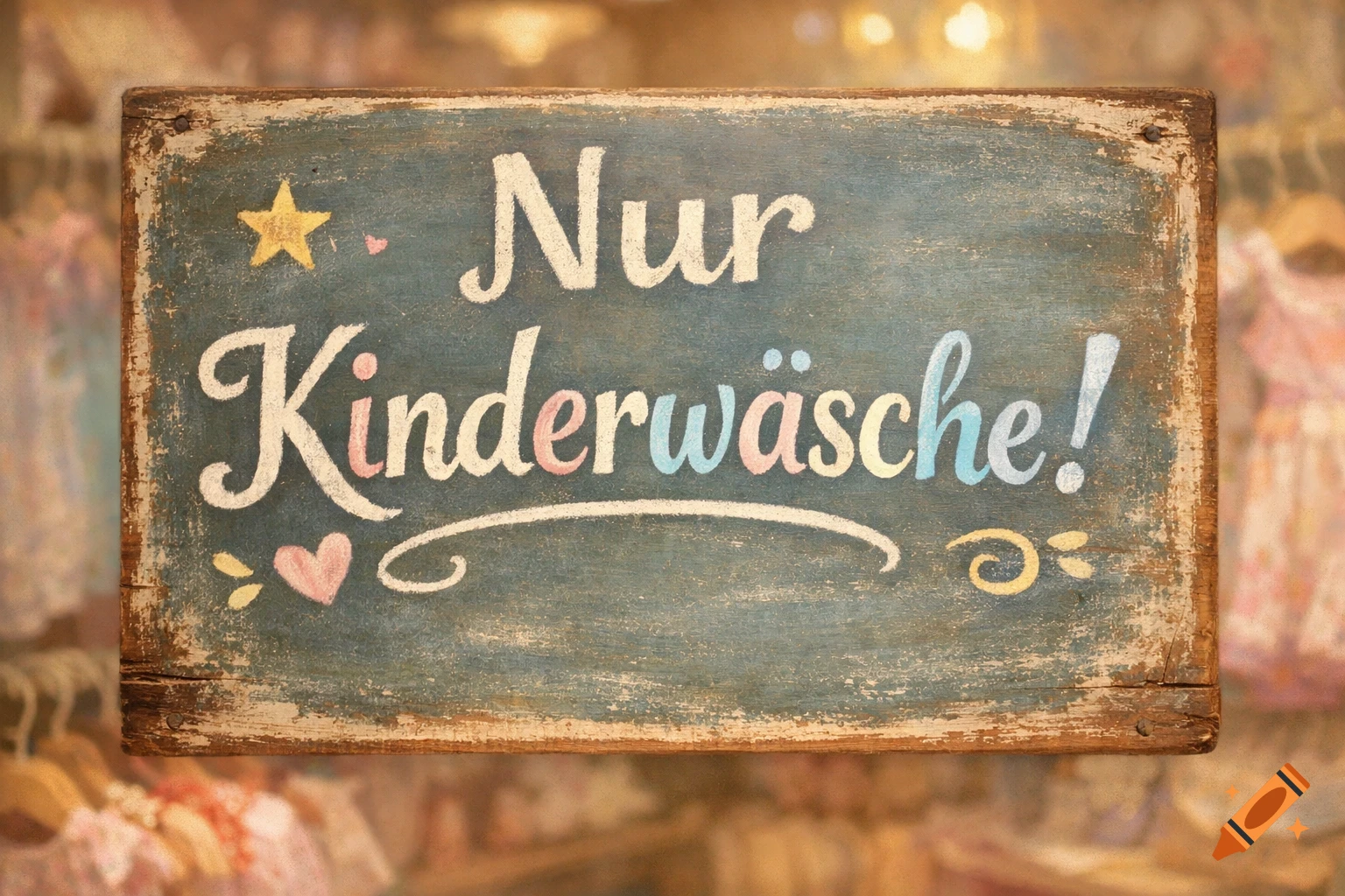 Rustic wooden sign with hand-painted text 'Nur Kinderwäsche!' and decorative stars and hearts, against blurred children's clothing.