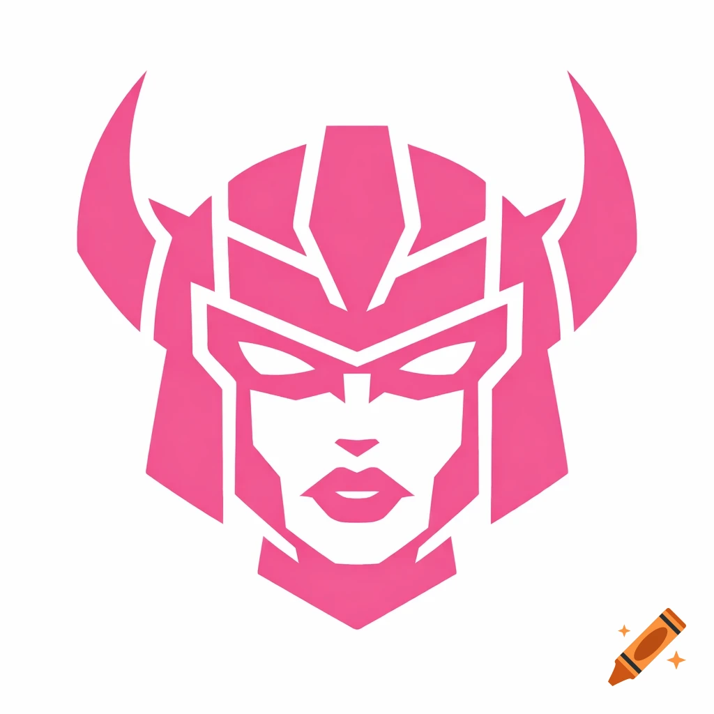 A stylized pink symbol of a robotic warrior woman's head with a horned helmet and thick lips, a faction insignia.