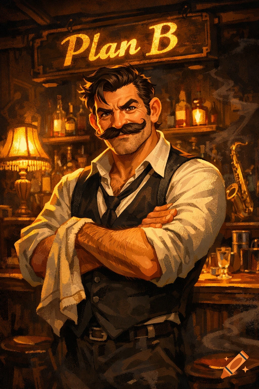 A confident, mustachioed man, a speakeasy owner, stands behind a bar with a 'Plan B' sign in a detailed, vintage illustration.