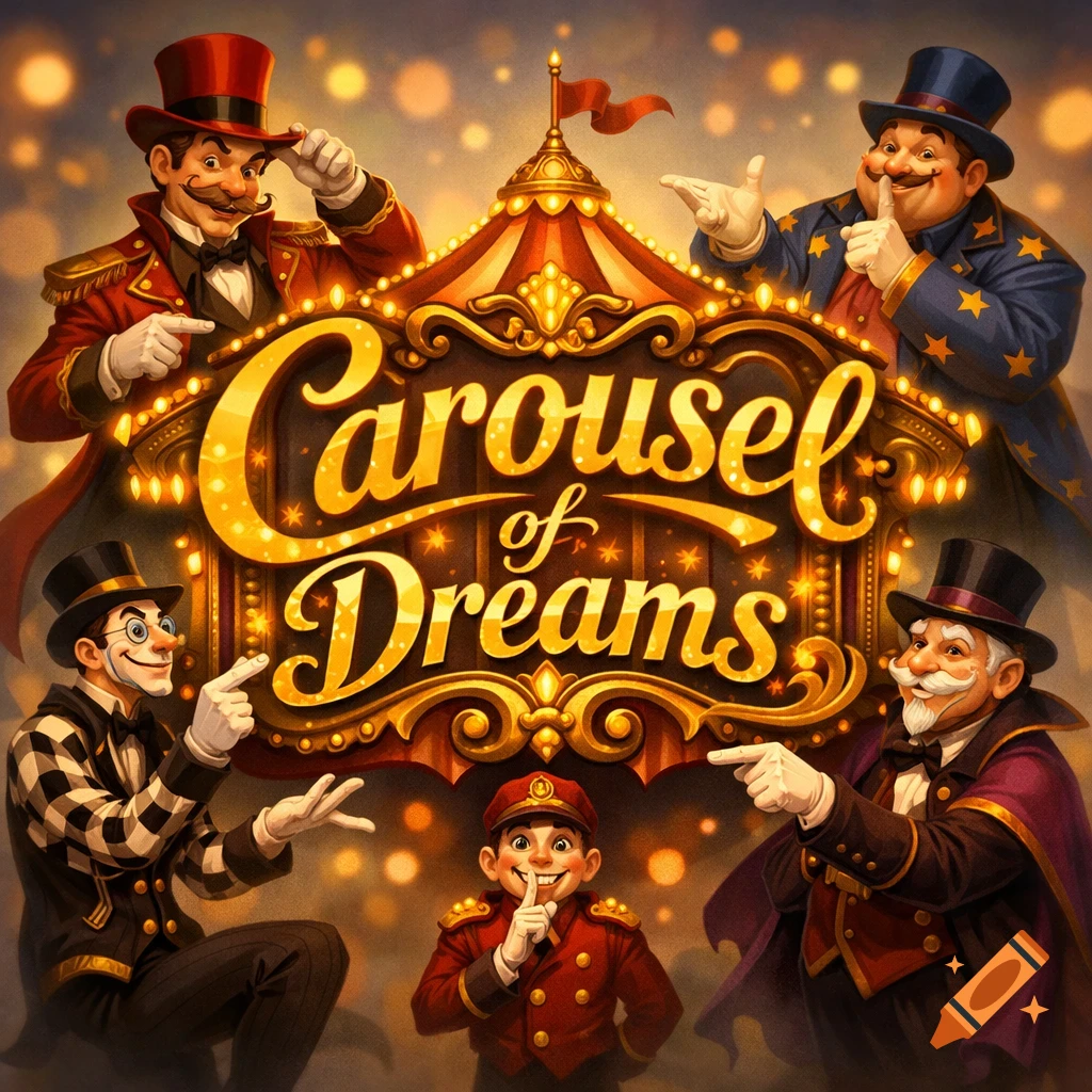 Vibrant illustration of circus showmen and a ringmaster around a dazzling 'Carousel of Dreams' sign and tent.