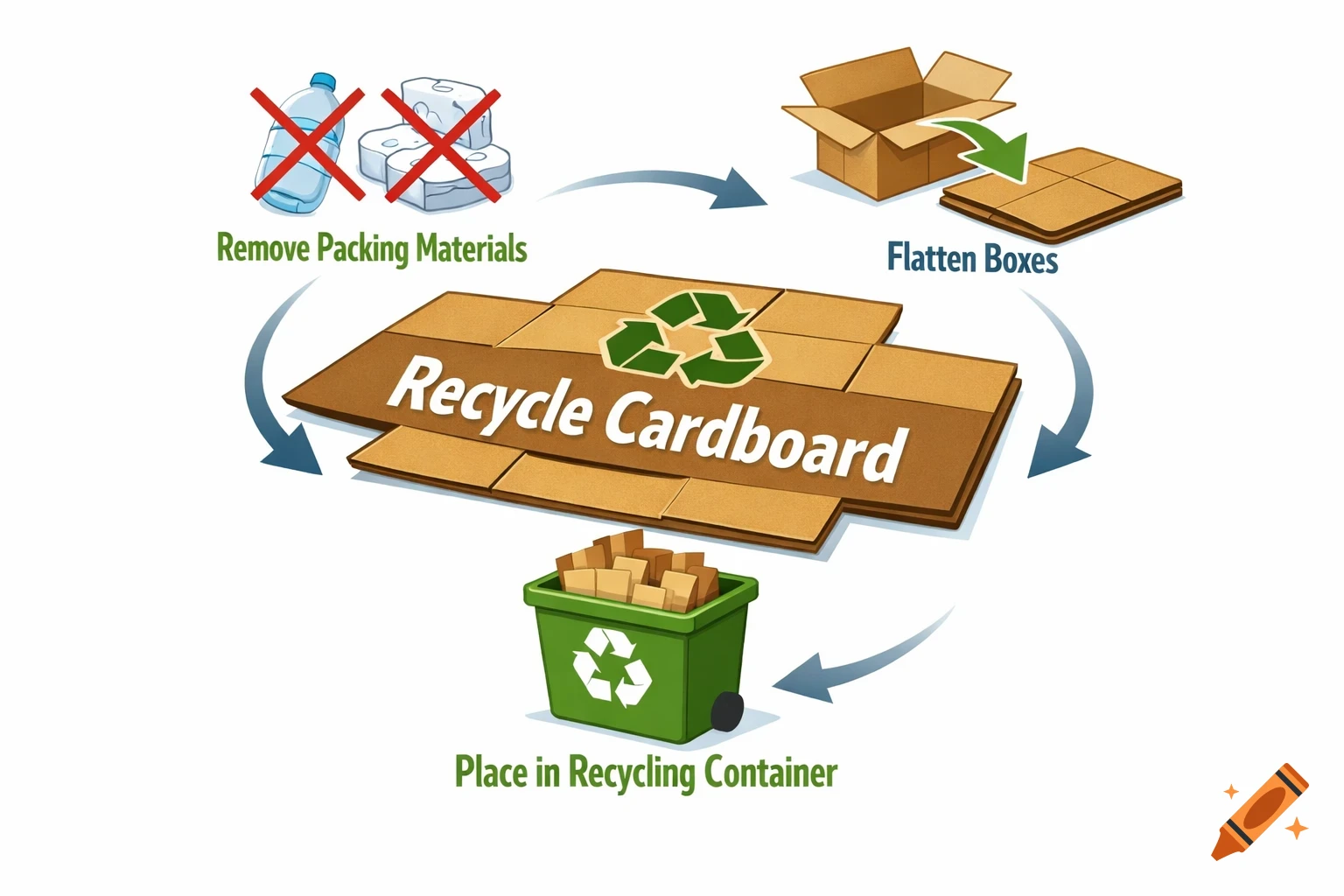 An instructional graphic showing the steps to recycle cardboard: remove packing materials, flatten boxes, and place in a recycling container.