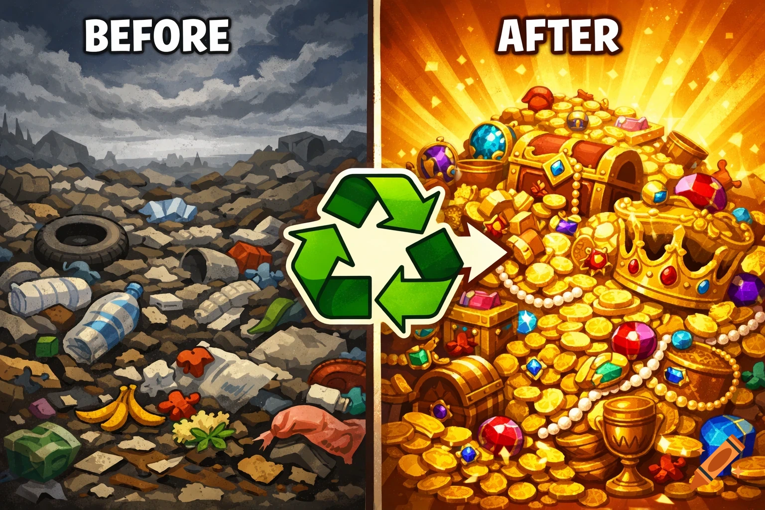 Cartoon comparison showing a pile of trash labeled 'BEFORE' transforming into a pile of gold and jewels labeled 'AFTER' with a recycling logo.