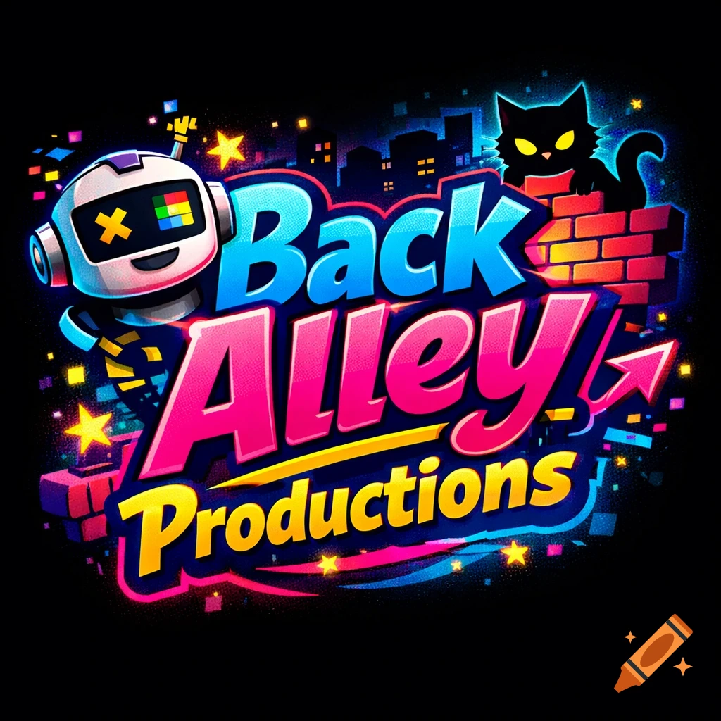 Colorful logo for "Back Alley Productions" with a white robot, a black cat on a brick wall, and a city silhouette against a night sky in a vibrant cartoon style.
