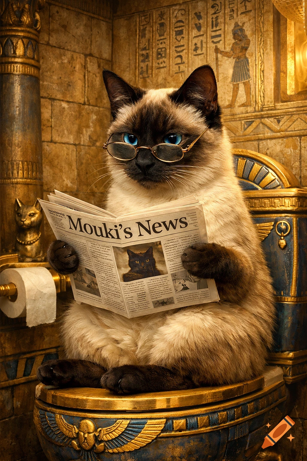 Photorealistic Siamese cat wearing glasses, sitting on an ornate Egyptian-style toilet and reading a newspaper titled "Mouki's News".