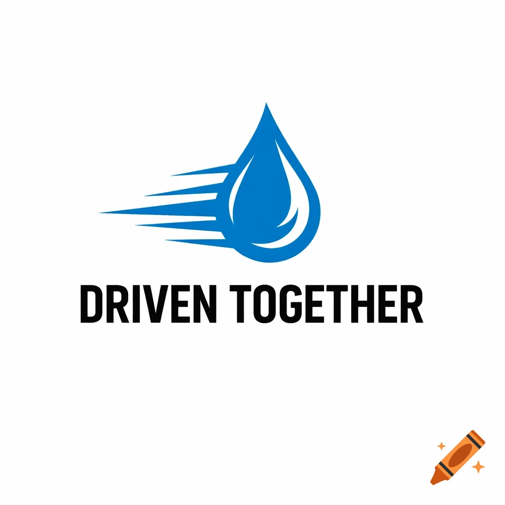A blue water droplet logo with speed lines to the left, above the bold black text "DRIVEN TOGETHER" on a white background.
