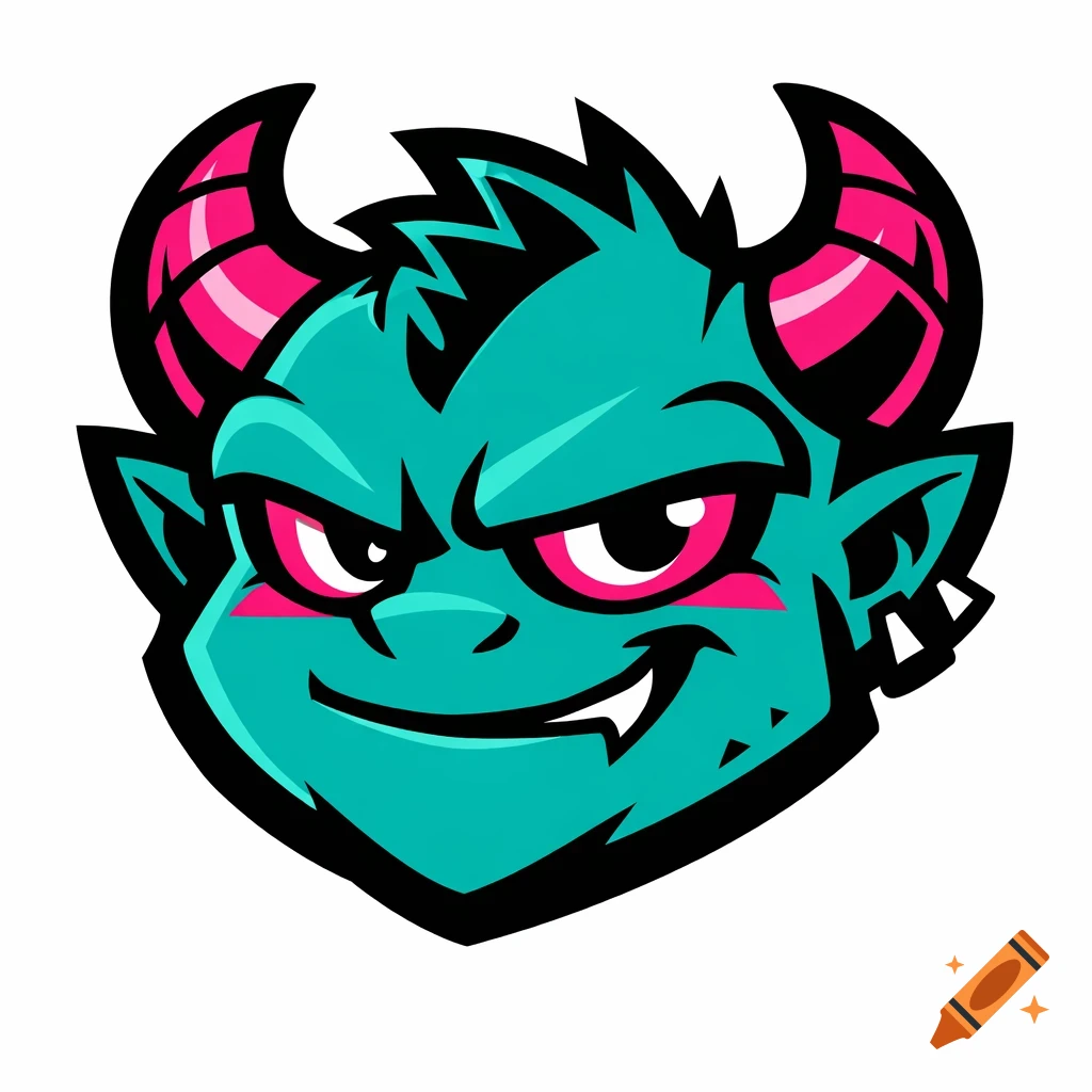 A teal cartoon monster head logo with pink horns and eye accents, thick black outlines, and a confident smirk in a flat vector style.