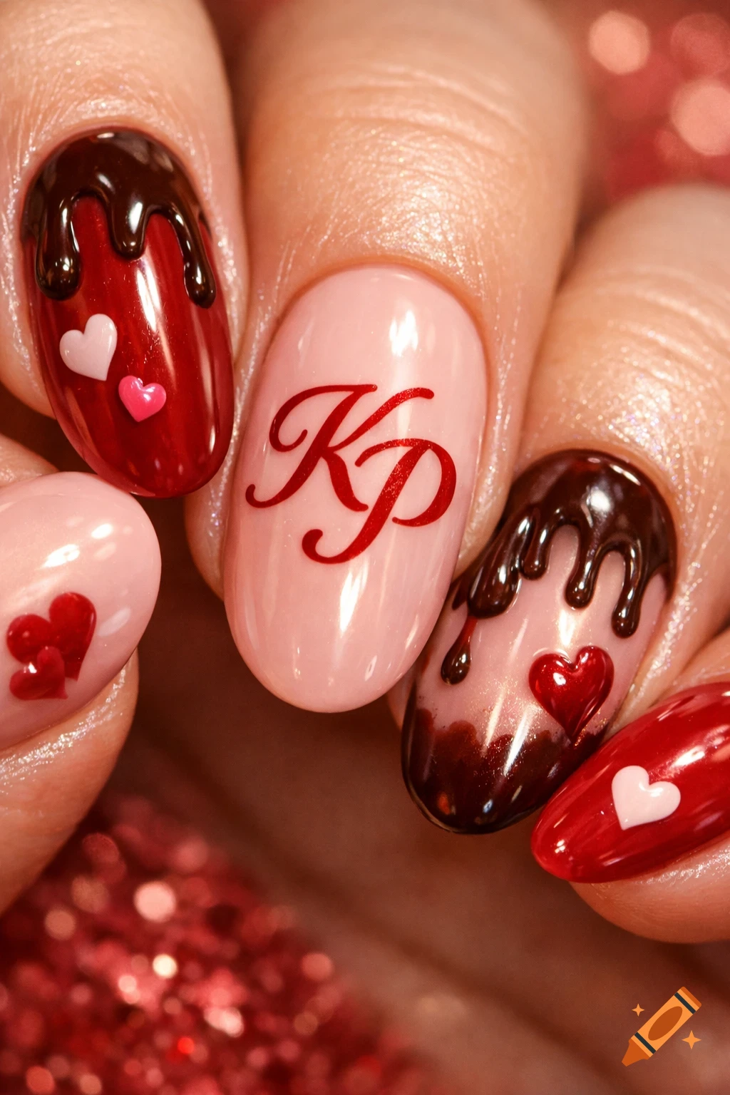 Close-up of Valentine's Day themed nail art featuring red and pink nails, some with chocolate drips and hearts, and red 'KP' initials.