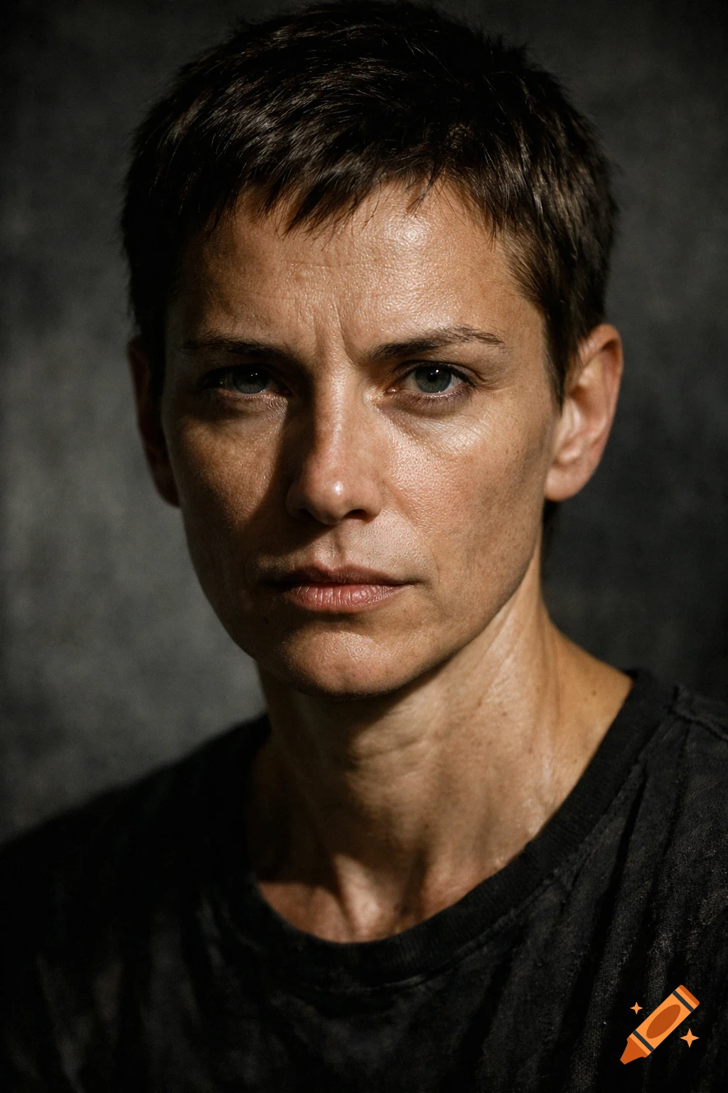 Close-up photorealistic portrait of a woman with short dark hair and a serious expression, dramatically lit.