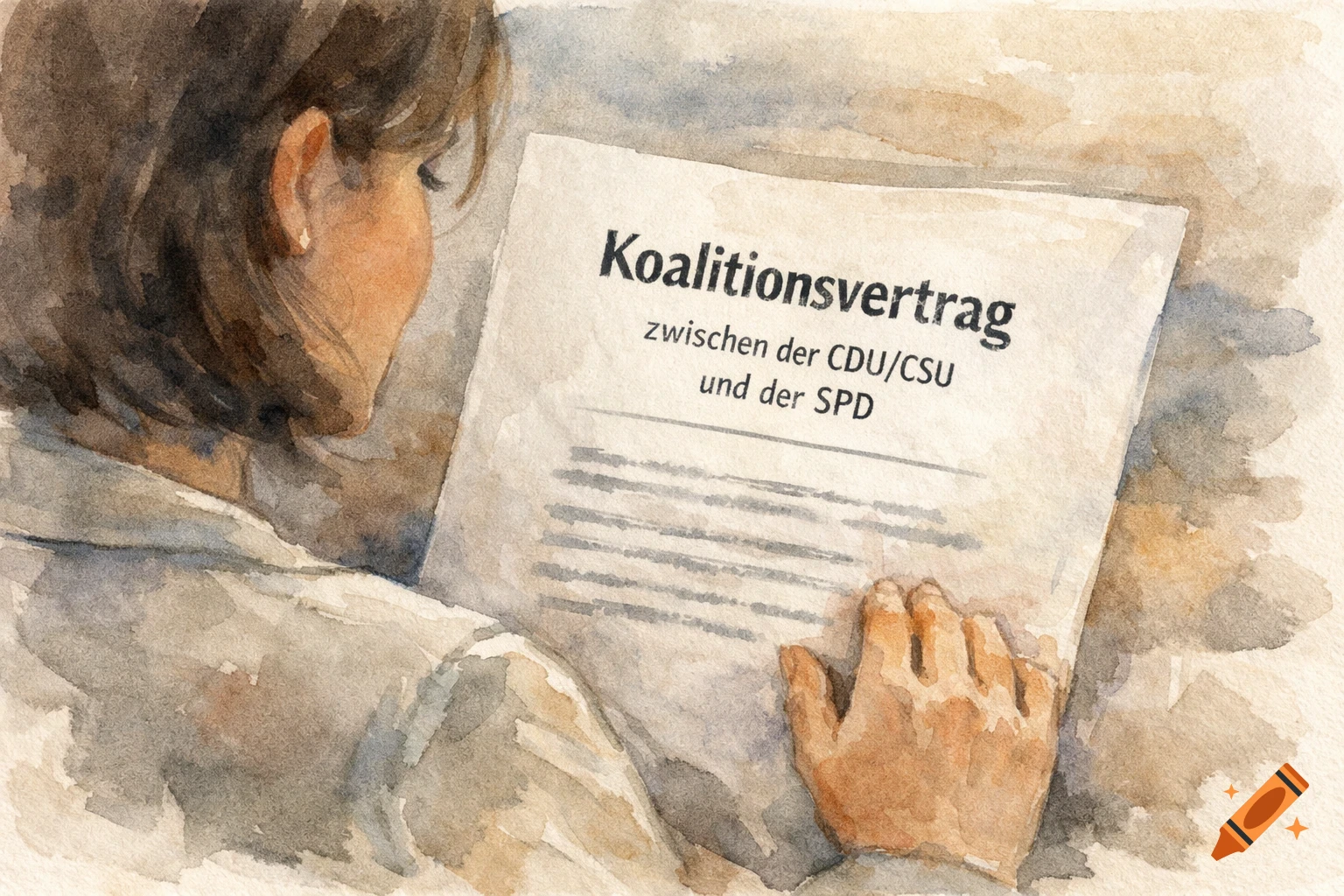 Watercolor painting of a person reading a document titled "Koalitionsvertrag" between CDU/CSU and SPD.