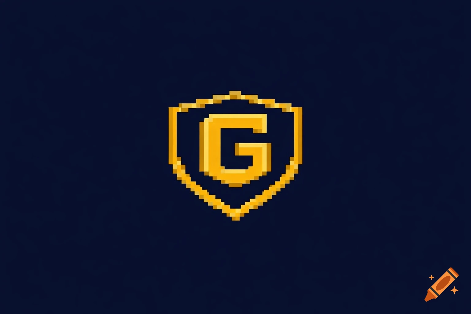 A golden pixel art shield with a large 'G' inside on a dark blue background.