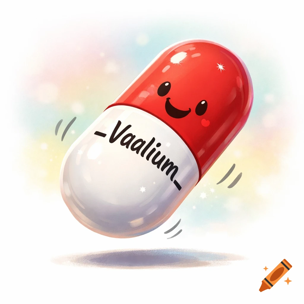 A cute cartoon red and white pill with a happy face and '-Vaalium_' written on it, floating against a blurry colorful background.