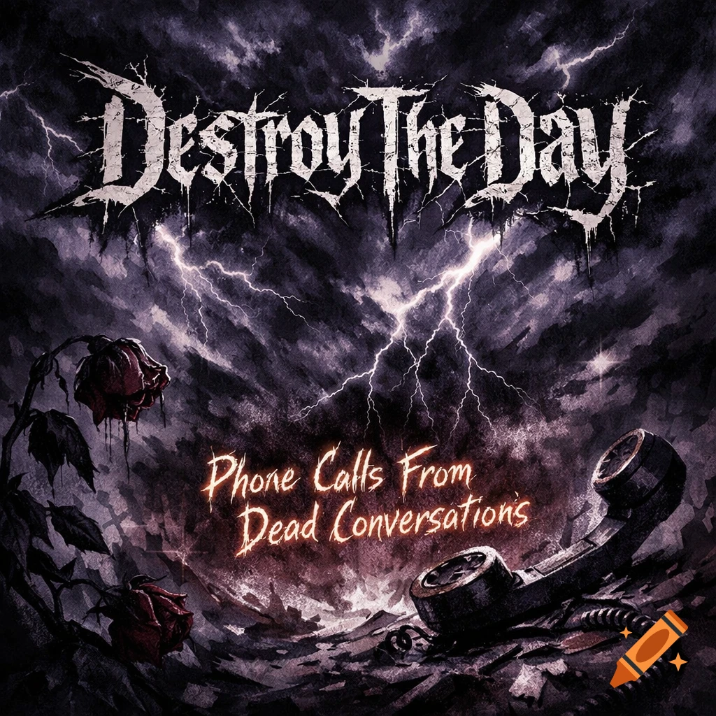 A dark, stormy album cover with lightning, wilting red roses, and a broken rotary phone amidst a desolate landscape. Text reads "Destroy The Day" and "Phone Calls From Dead Conversations".