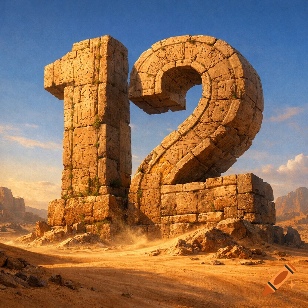 Massive number 12 made of ancient, carved stone blocks stands in a dusty desert under a blue sky.