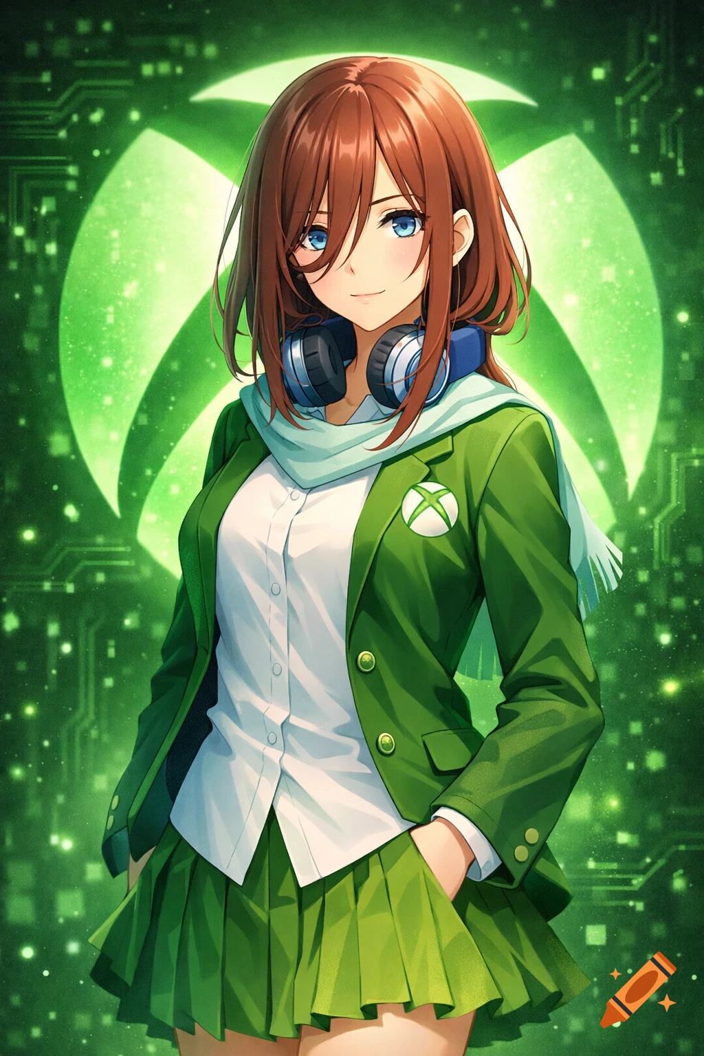 An anime girl with brown hair and blue eyes wearing a green blazer, white shirt, green pleated skirt, and headphones, standing against a glowing green Xbox logo background.