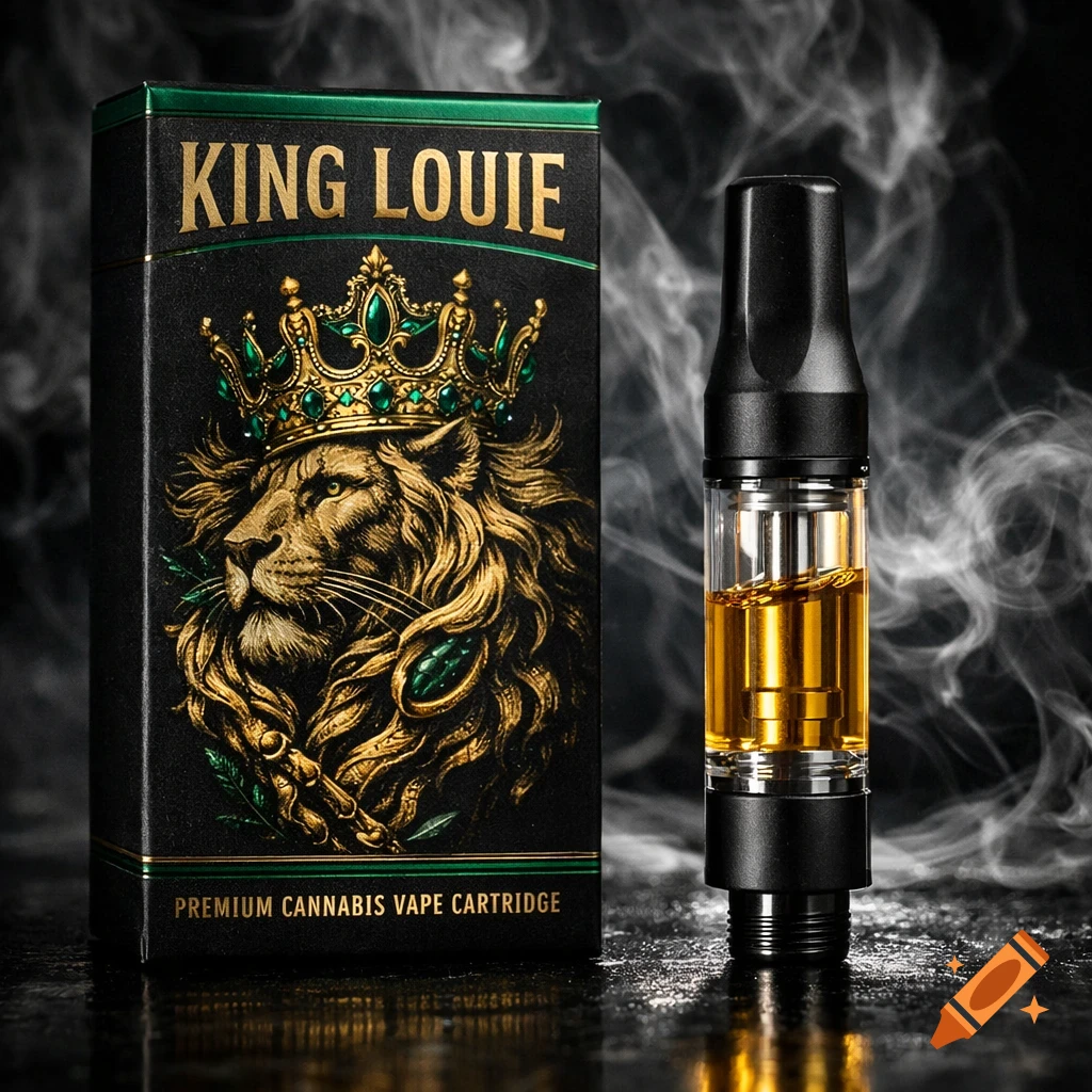 Photorealistic product shot of a 'King Louie' branded cannabis vape cartridge and its matte black packaging with a gold lion and crown, against a smoky background.