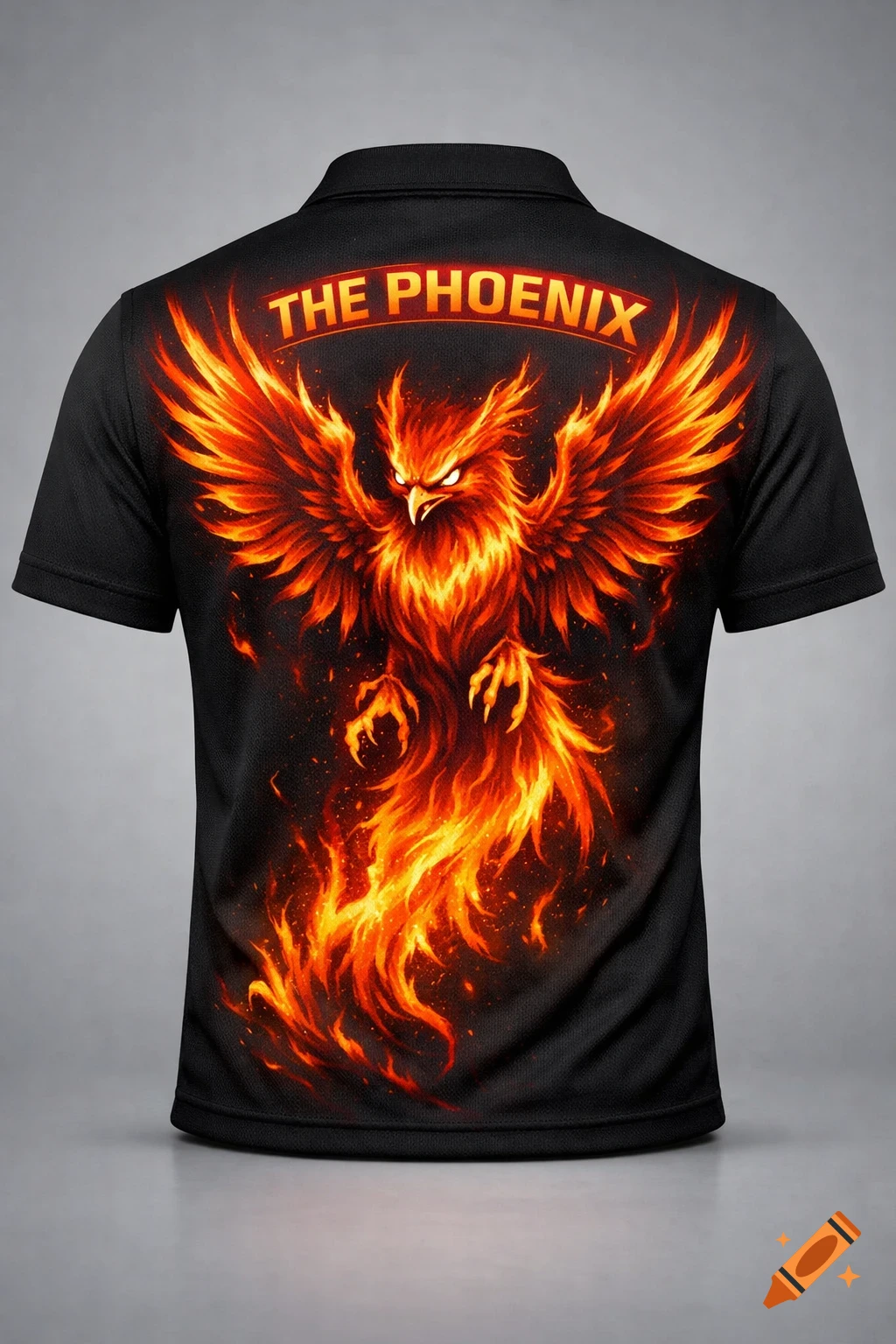 Black polo shirt with a large, fiery orange and red phoenix design on the back and 'THE PHOENIX' text.
