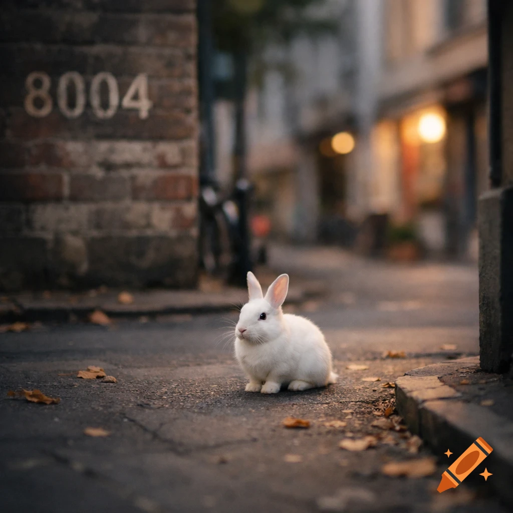 A small white rabbit sits on an asphalt street in an urban alleyway ...