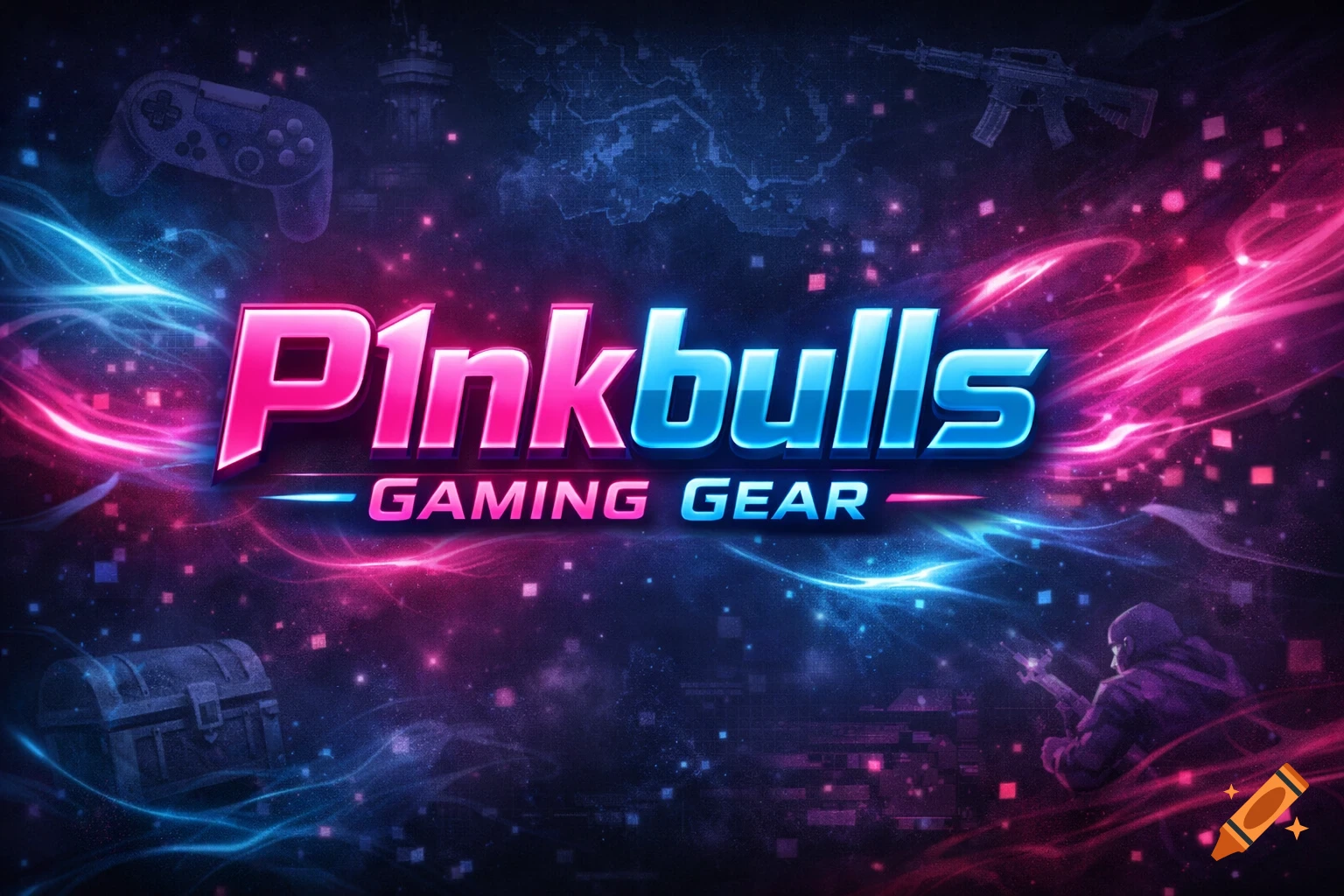 P1nkbulls Gaming Gear logo with glowing pink and blue text, surrounded by gaming elements like a controller, chest, and a person with a gun.