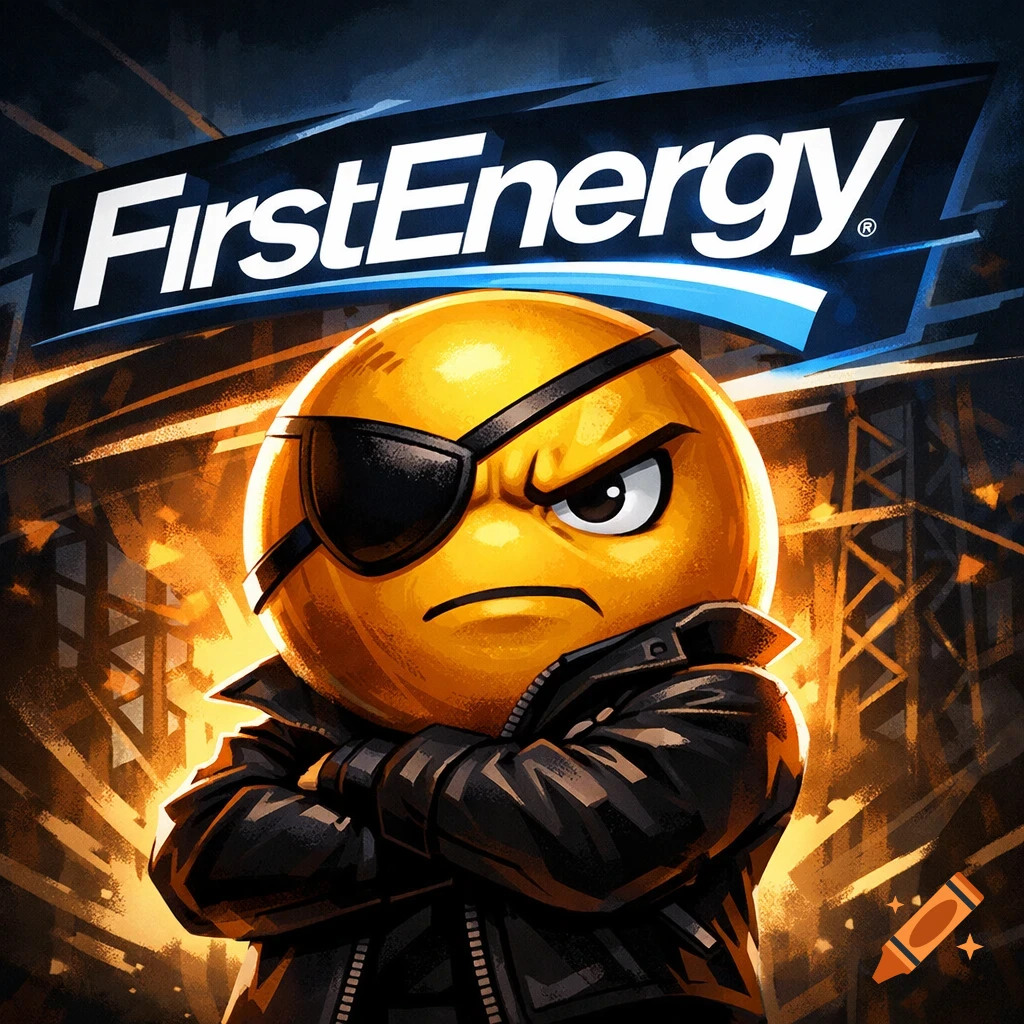 An angry yellow emoji with an eye patch and a black leather jacket, arms crossed, stands against a glowing industrial background, beneath the white and blue "FirstEnergy" logo.