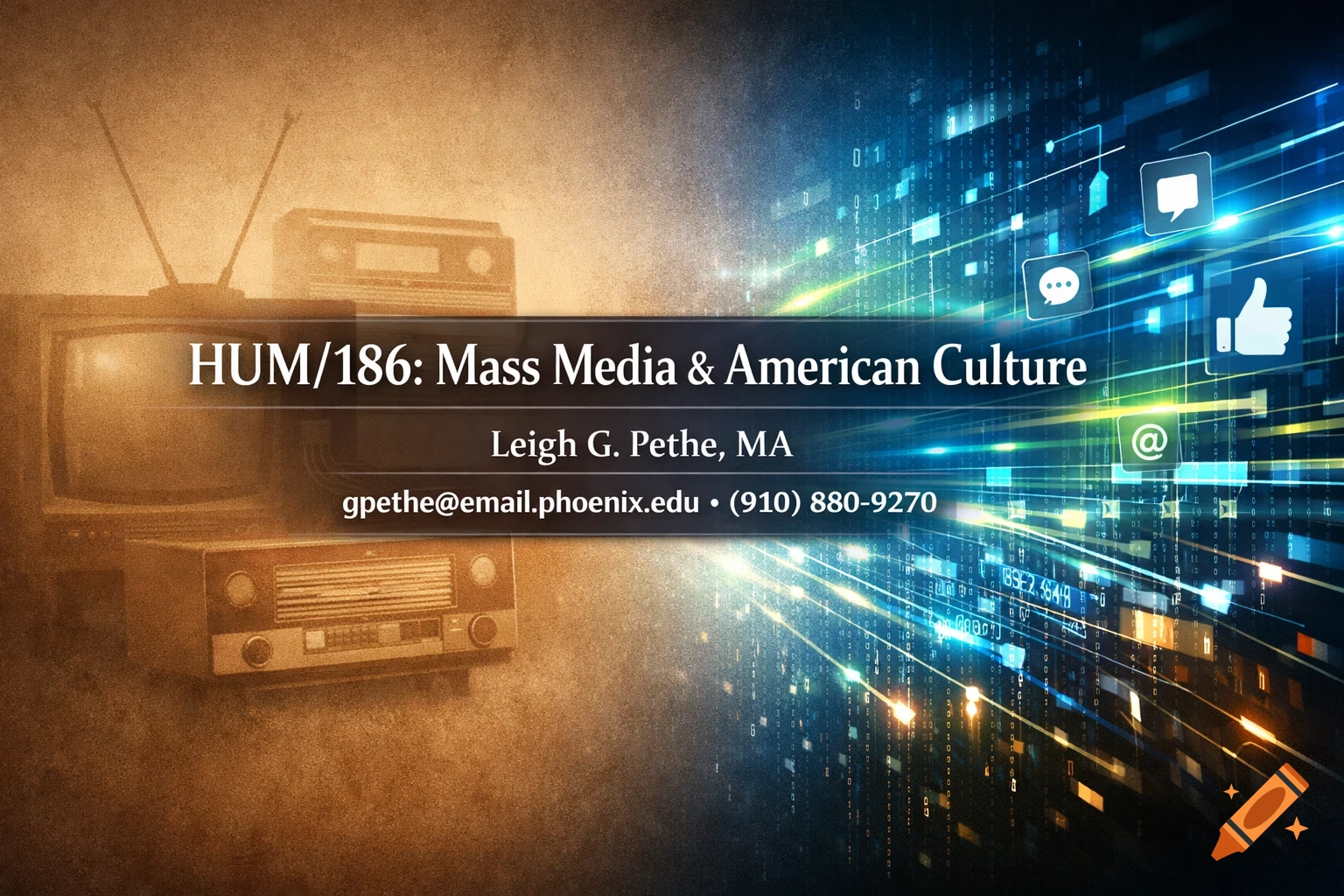 Banner featuring old TV, radio, and digital streams with social media icons, displaying 'HUM/186: Mass Media & American Culture' and contact information.