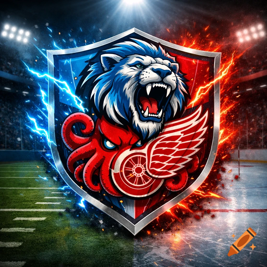 A detailed shield logo featuring a roaring white and blue lion, a red octopus, and a red winged wheel, set against a backdrop of a football field and an ice rink with lightning and fire effects.