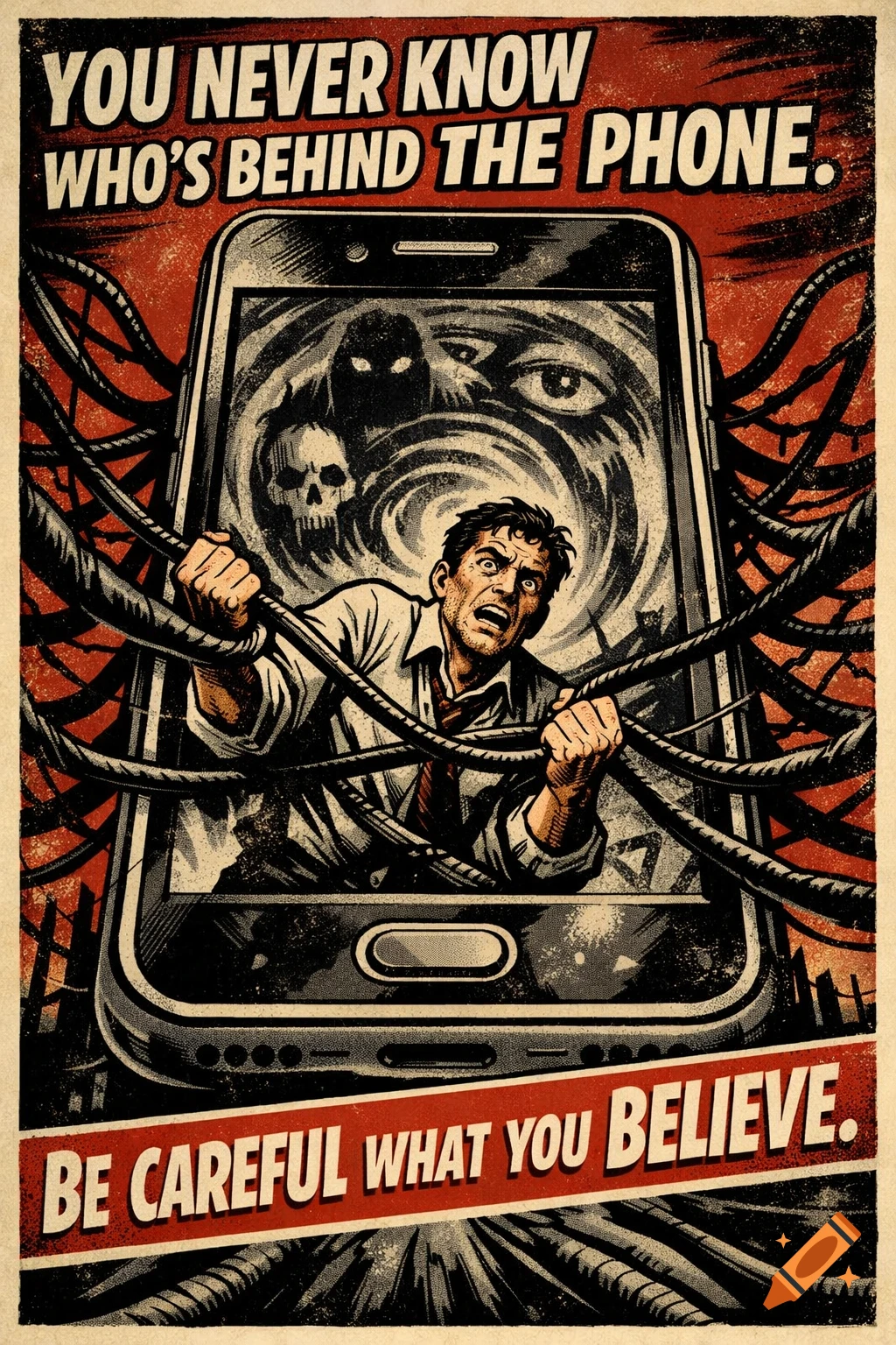 A vintage comic style propaganda poster showing a man trapped inside a giant smartphone, surrounded by wires and ominous figures. Text warns about unknown identities and believing online content.
