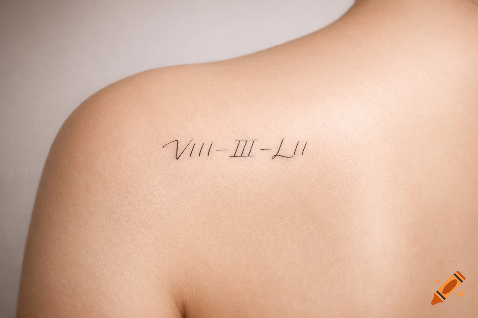 Close-up of a person's shoulder with a fine-line tattoo of Roman numerals VIII-III-LII.