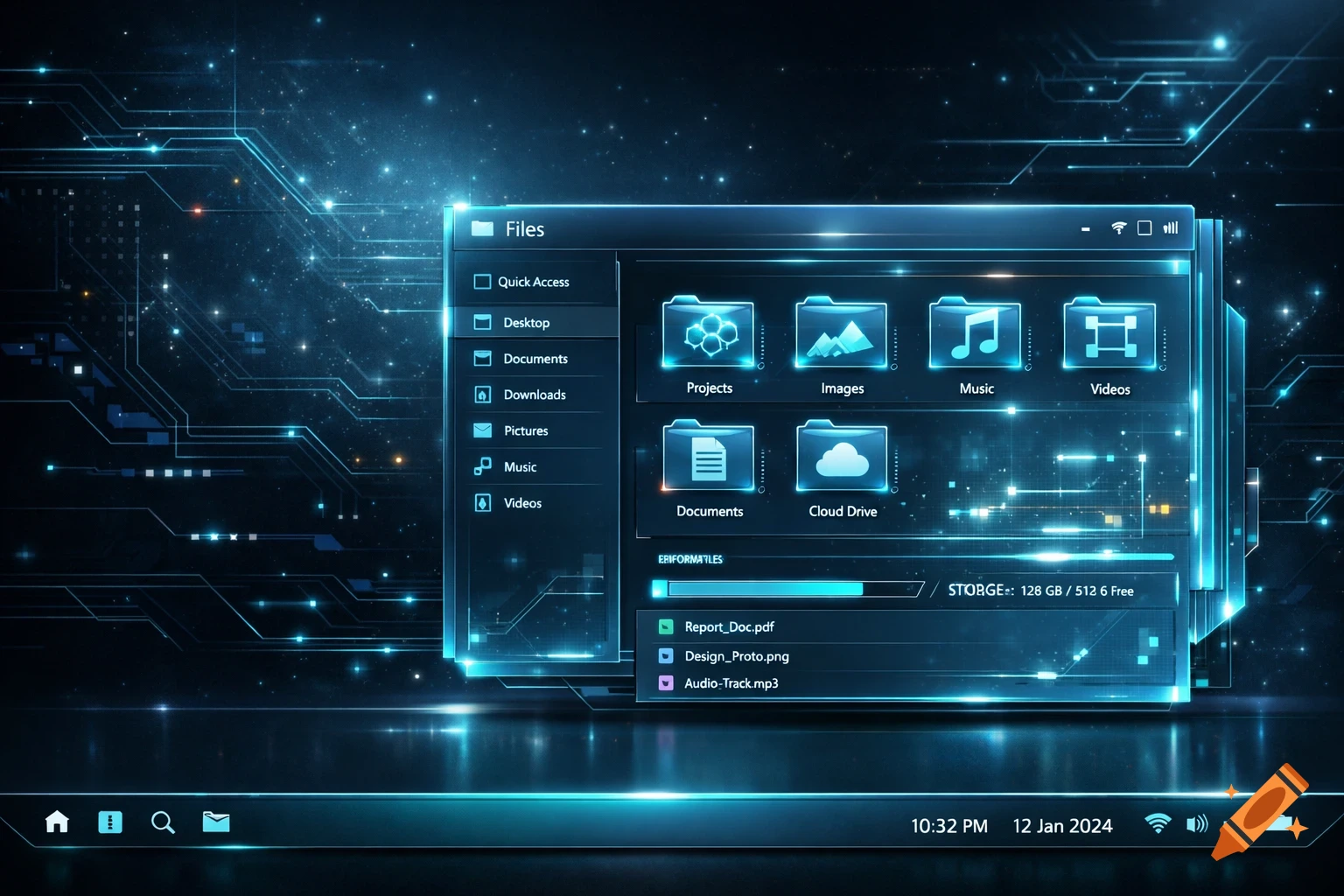 A glowing blue futuristic operating system interface with a file explorer window open, showing folders and files against a circuit board background.