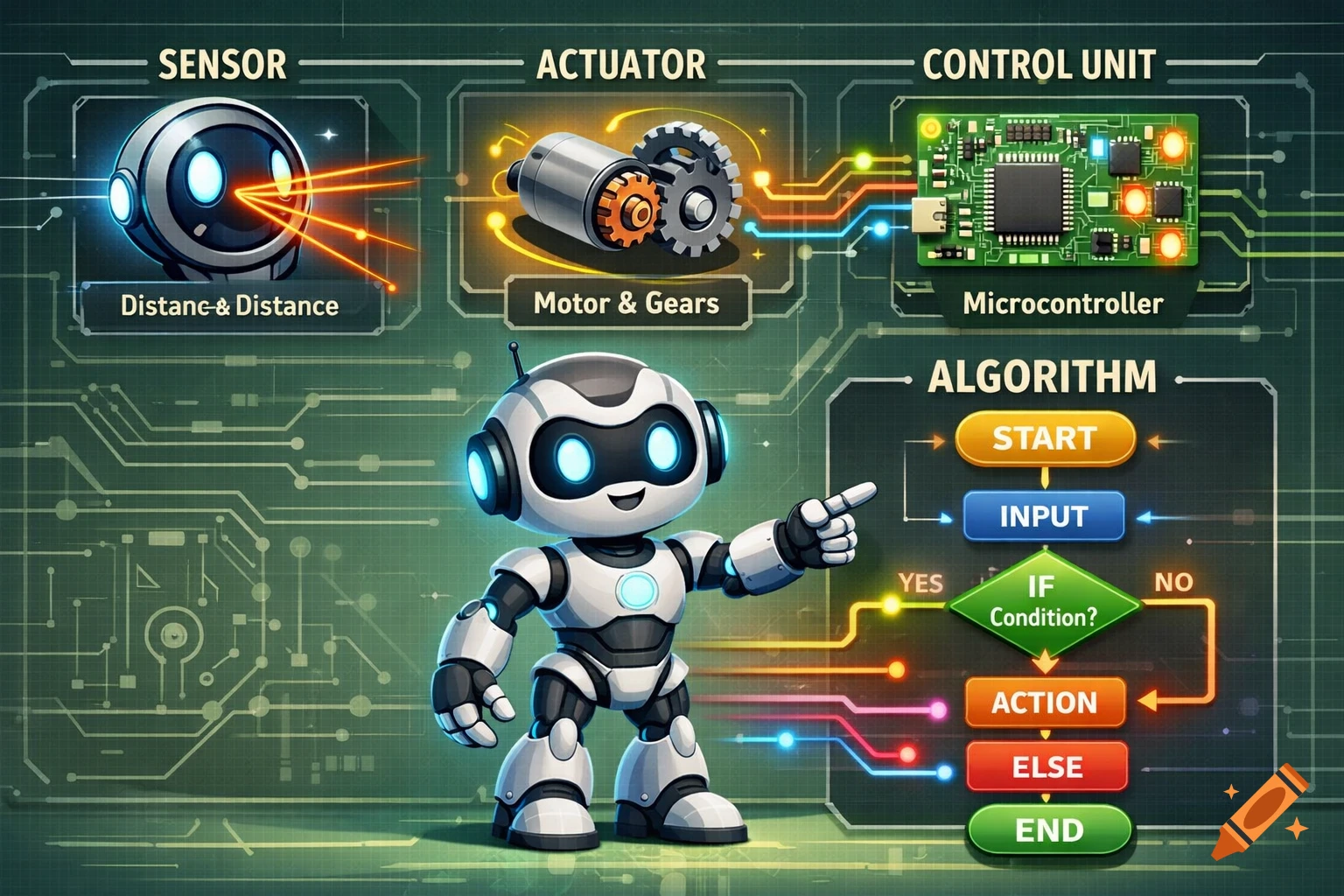 A cartoon robot points to a diagram illustrating robot components (sensor, actuator, control unit) and an algorithm flowchart.