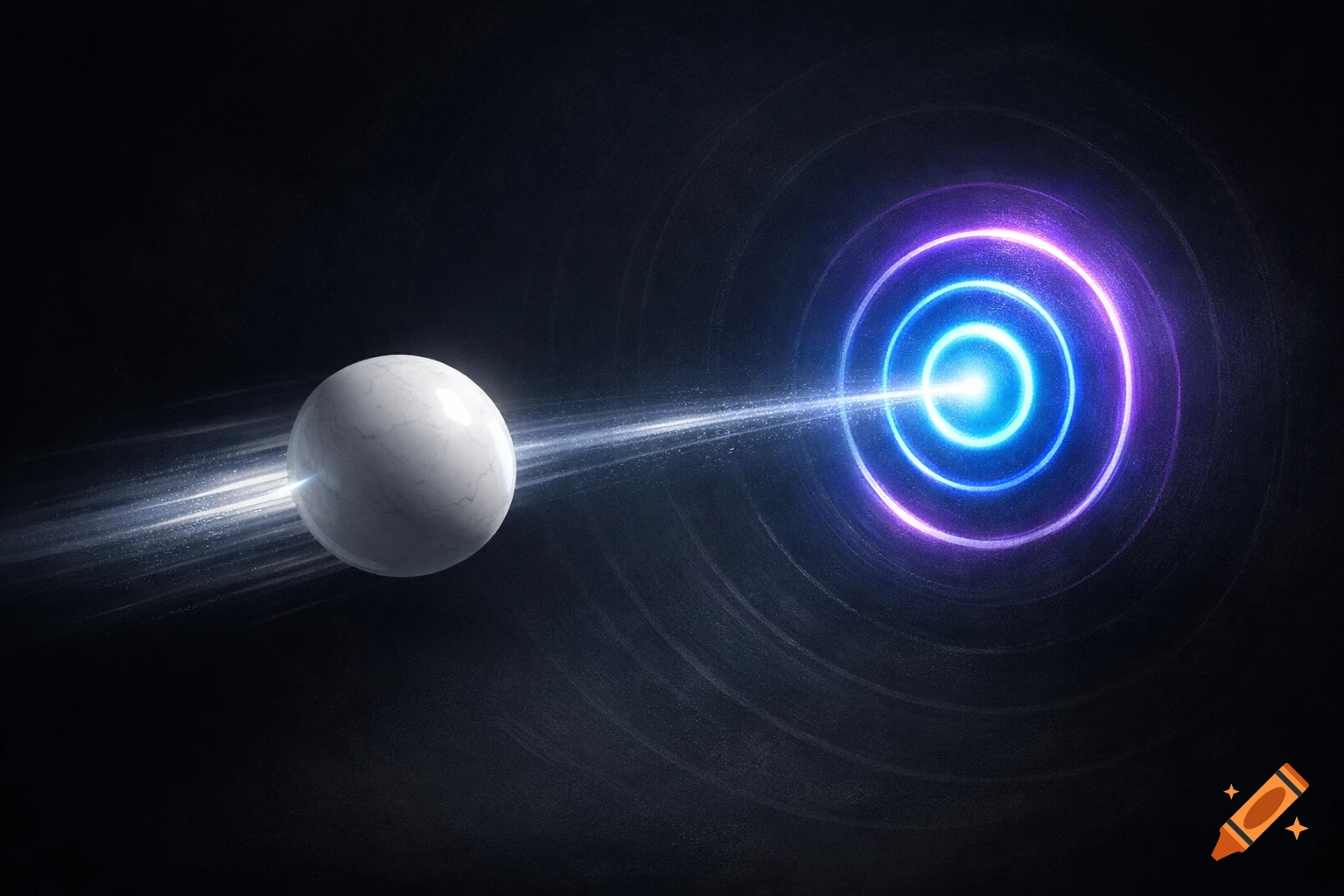 White marble sphere shoots a bright blue beam of light at glowing blue and purple concentric target rings against a dark background, in an abstract style.