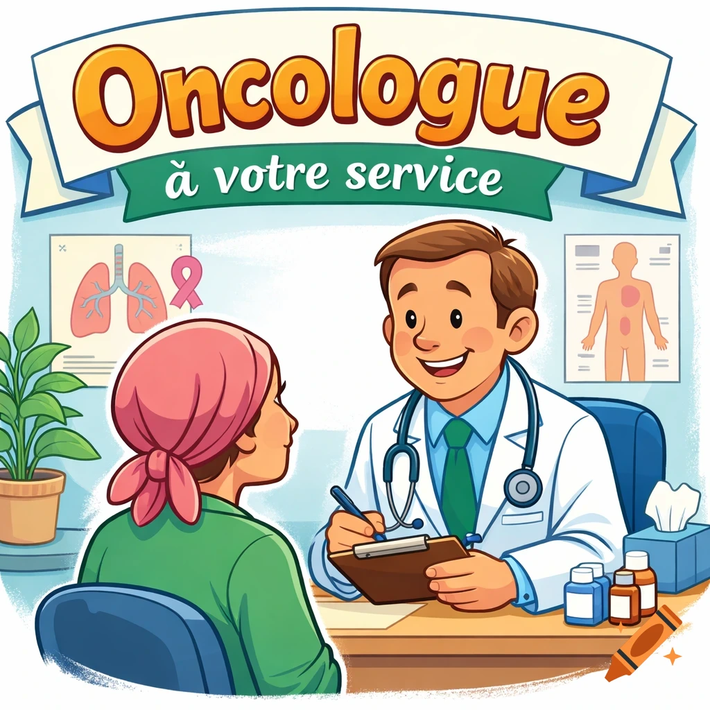 A cartoon illustration of a smiling male oncologist in a white coat consulting a female patient in a pink headscarf. Text reads "Oncologue à votre service" above them.