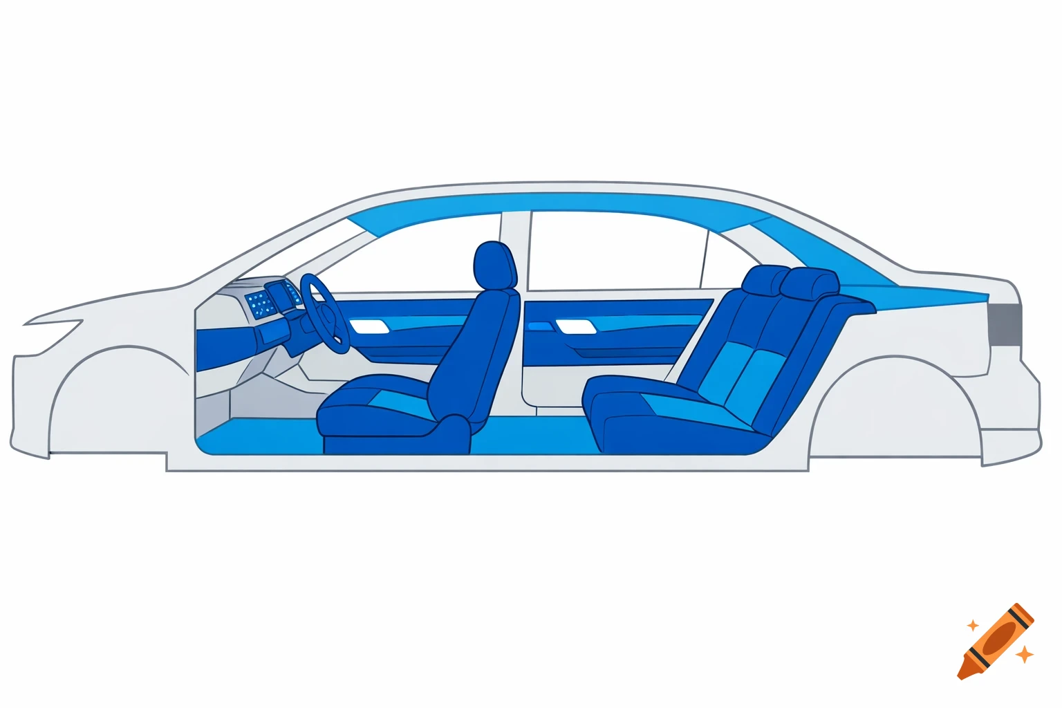 Minimalist schematic side view of a car interior cutaway, showing blue seats and trim, on a white background.