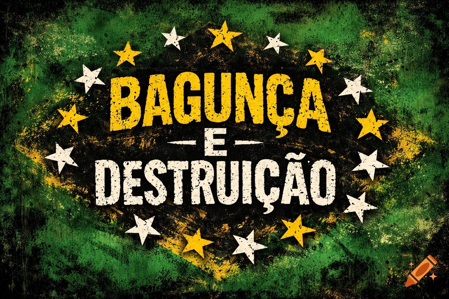 A grunge-style depiction of the Brazilian flag with a dark, distressed background. Yellow and white text reads "BAGUNCA E DESTRUICAO" (meaning "mess and destruction") with an array of yellow and white stars surrounding the text.