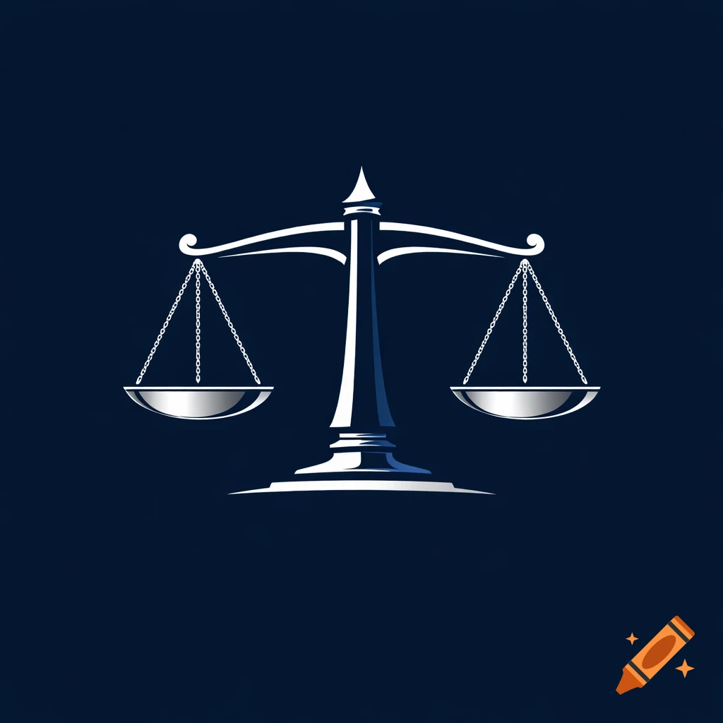 A white and blue graphic logo of balanced scales of justice on a solid dark blue background.