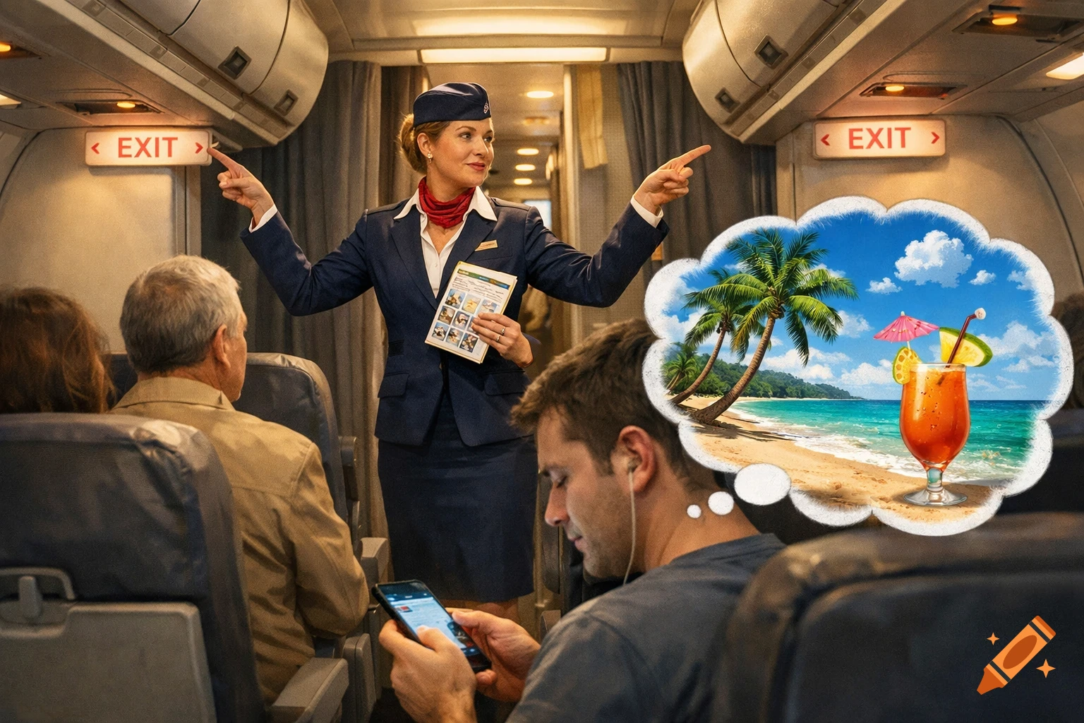 A flight attendant in a navy uniform points to exit signs in an airplane cabin while a passenger daydreams of a tropical beach with palm trees and a cocktail.