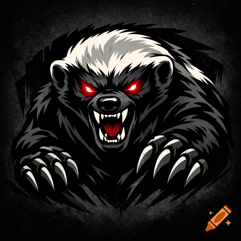 Aggressive honey badger with glowing red eyes and sharp claws, in a dark, stylized logo art style.