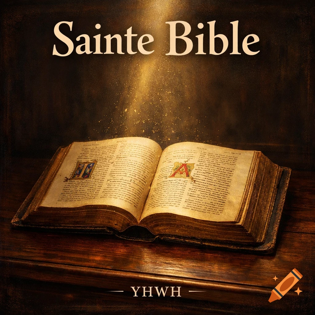 An open ancient Bible with illuminated pages rests on a dark wooden desk. 'Sainte Bible' is at the top, and 'YHWH' is at the bottom, glowing with golden light.