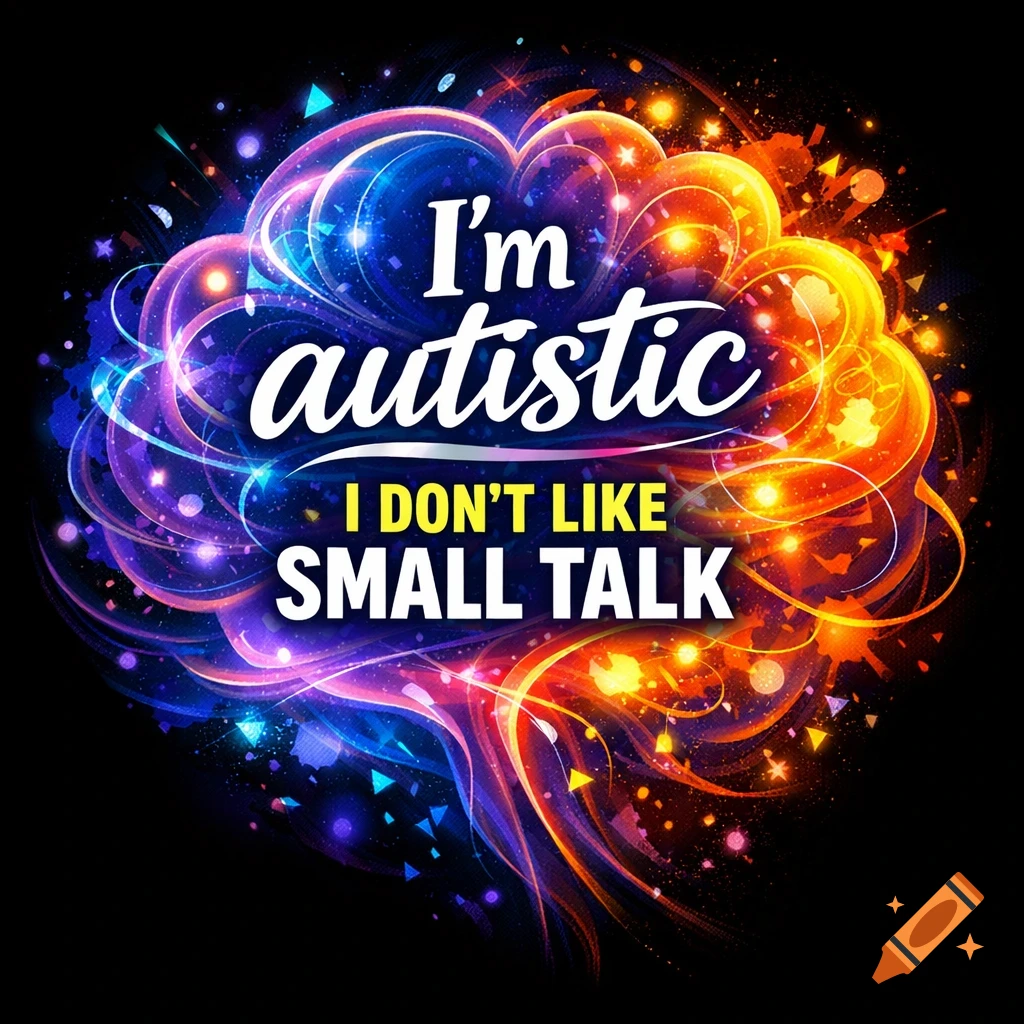 Colorful abstract design with glowing particles and waves against a black background. White text reads 'I'm autistic I DON'T LIKE SMALL TALK'.