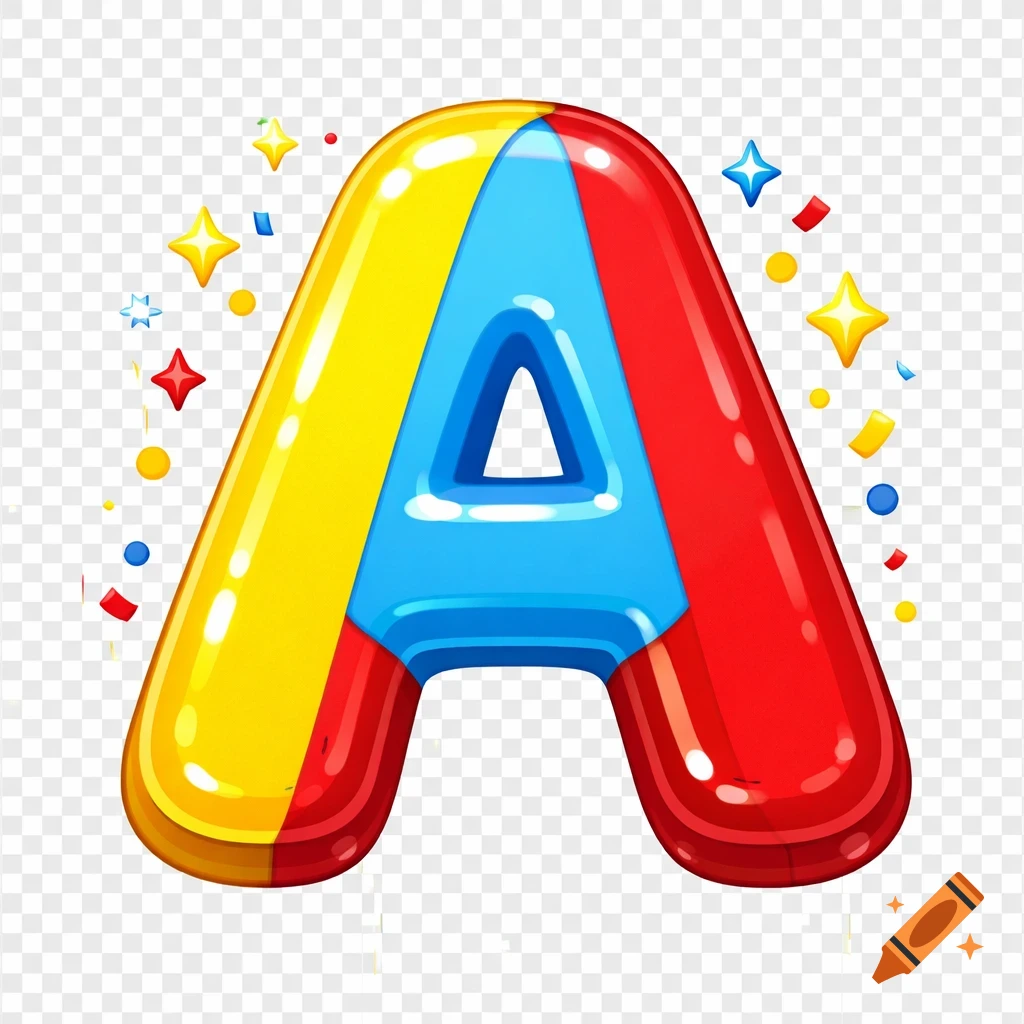 A vibrant, bubbly, cartoon-style letter 'A' with red, blue, and yellow sections, surrounded by colorful confetti and stars on a transparent background.