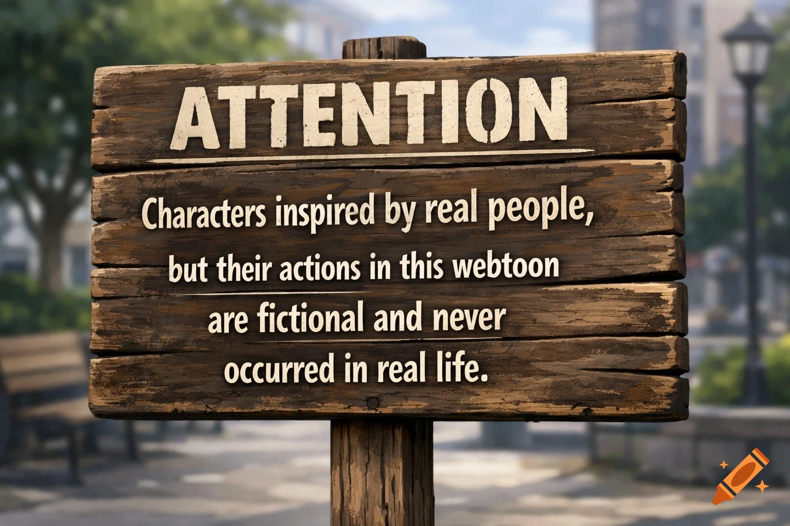 A realistic wooden sign in a blurred park setting, displaying a disclaimer about fictional webtoon characters inspired by real people.
