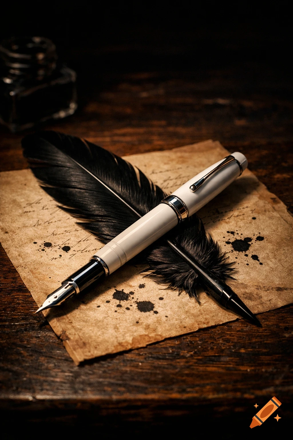 A white fountain pen and a black feather quill lie on a crumpled, ink-stained piece of old paper in a dark, moody, photorealistic style.
